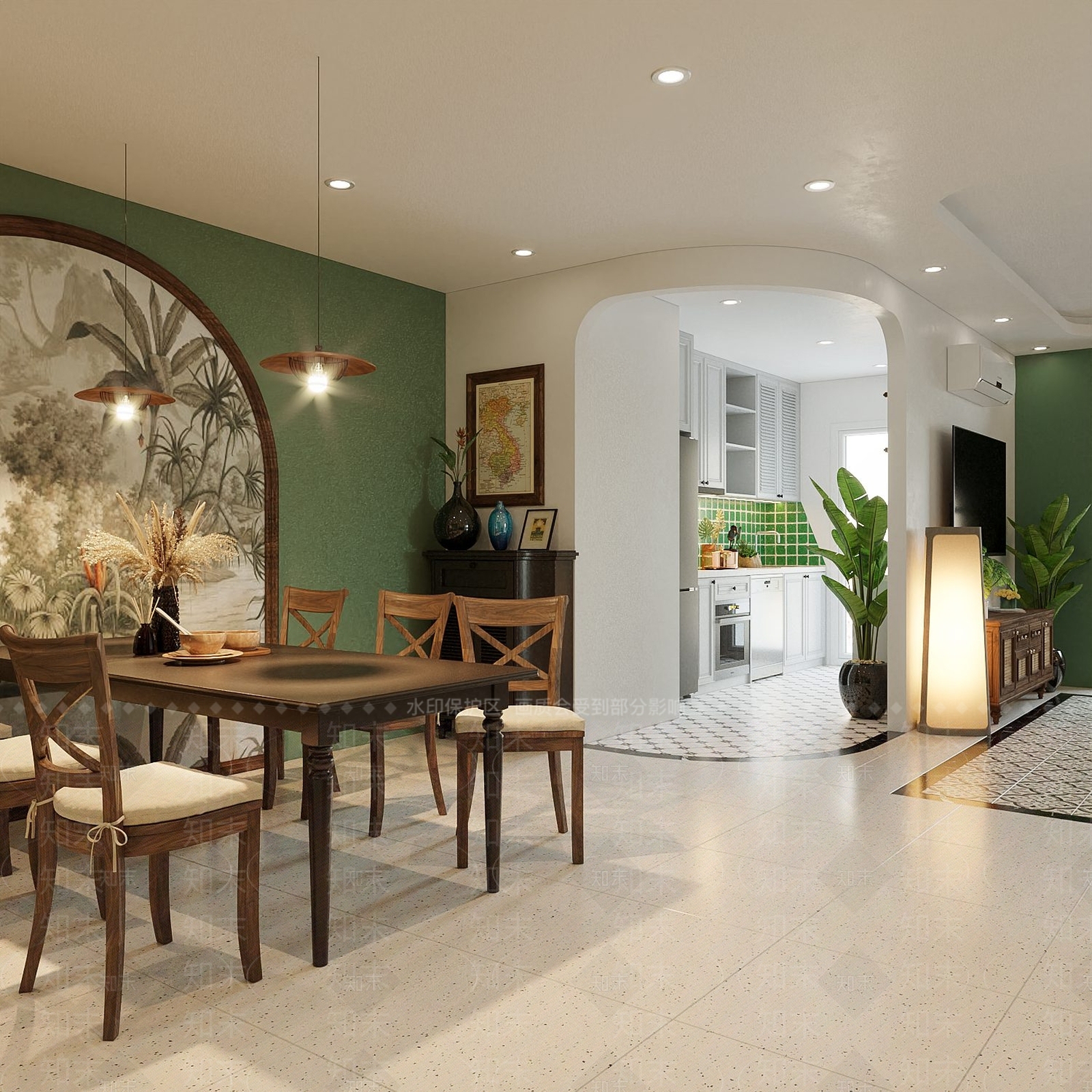 现代绿色主题客餐厅3D模型下载【ID:1151724507】
