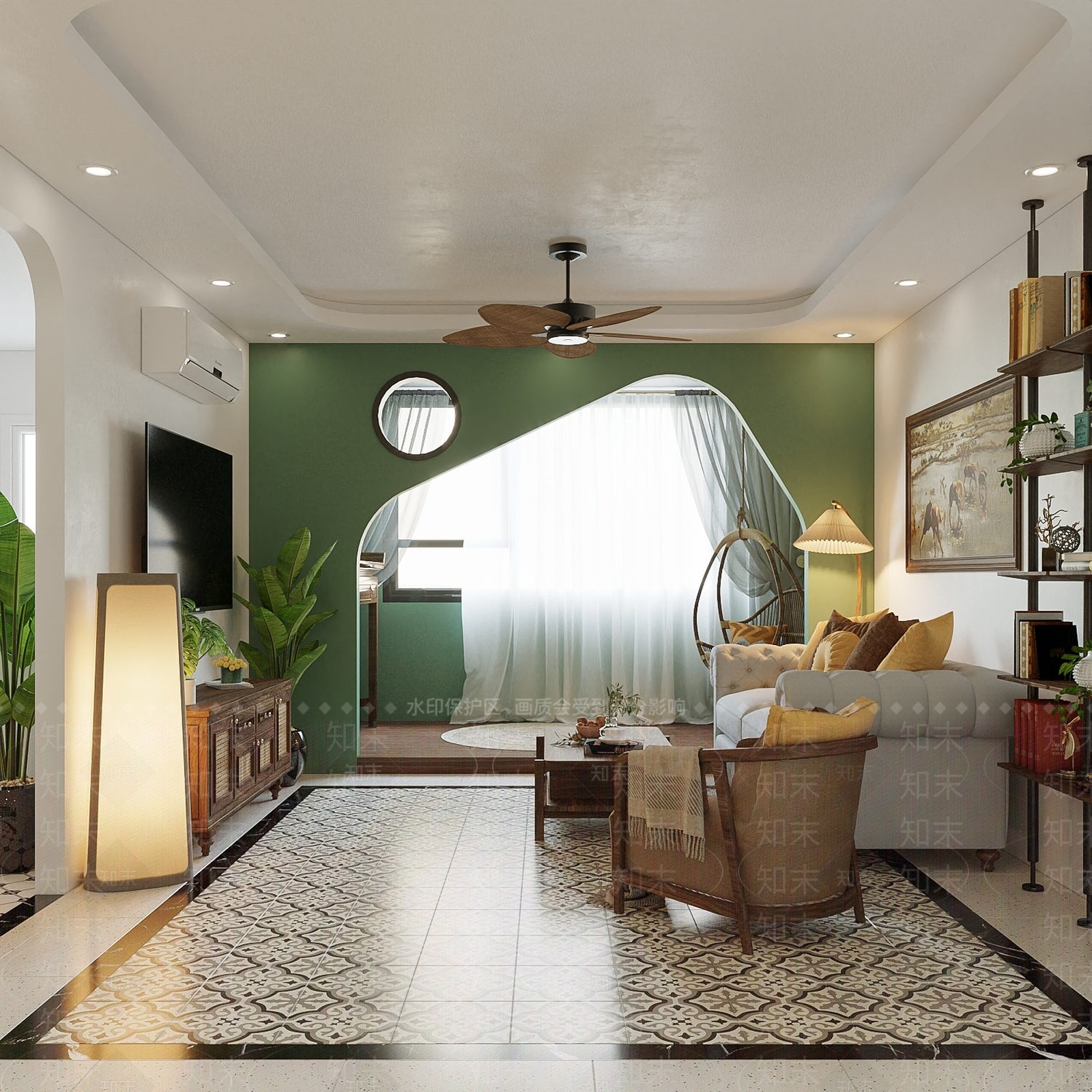 现代绿色主题客餐厅3D模型下载【ID:1151724507】