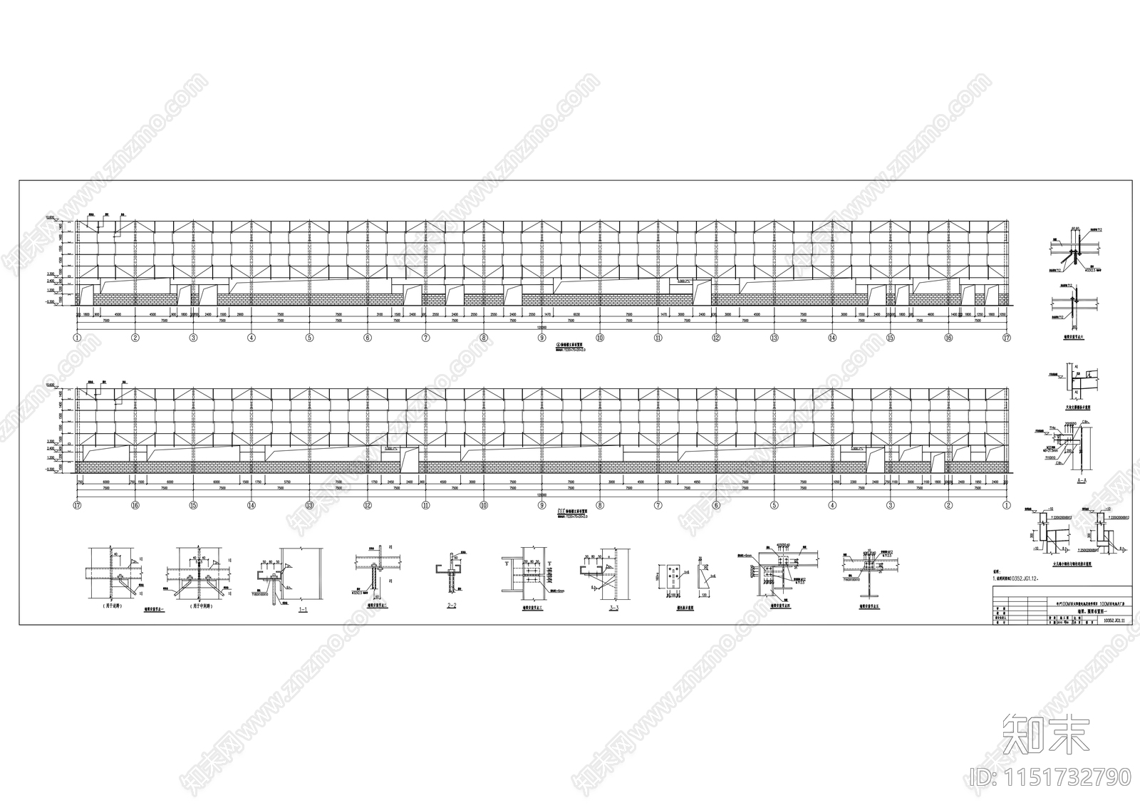 100MW电池片单层厂房建筑cad施工图下载【ID:1151732790】