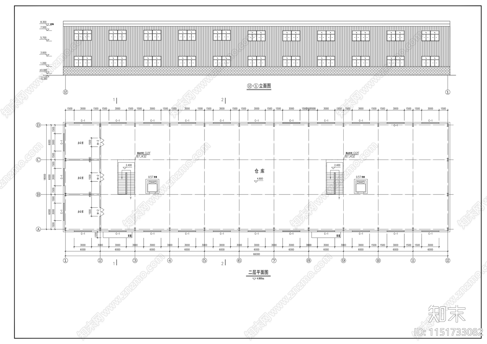 二层轻钢结构厂房建筑cad施工图下载【ID:1151733082】