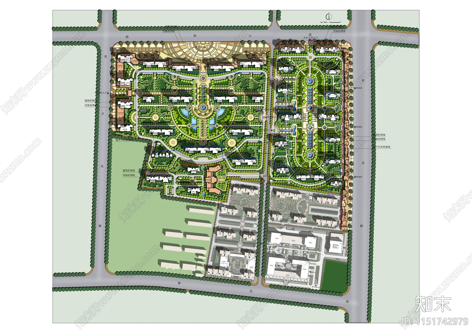 现代住宅小区整体规划总平面图彩图施工图下载【ID:1151742979】
