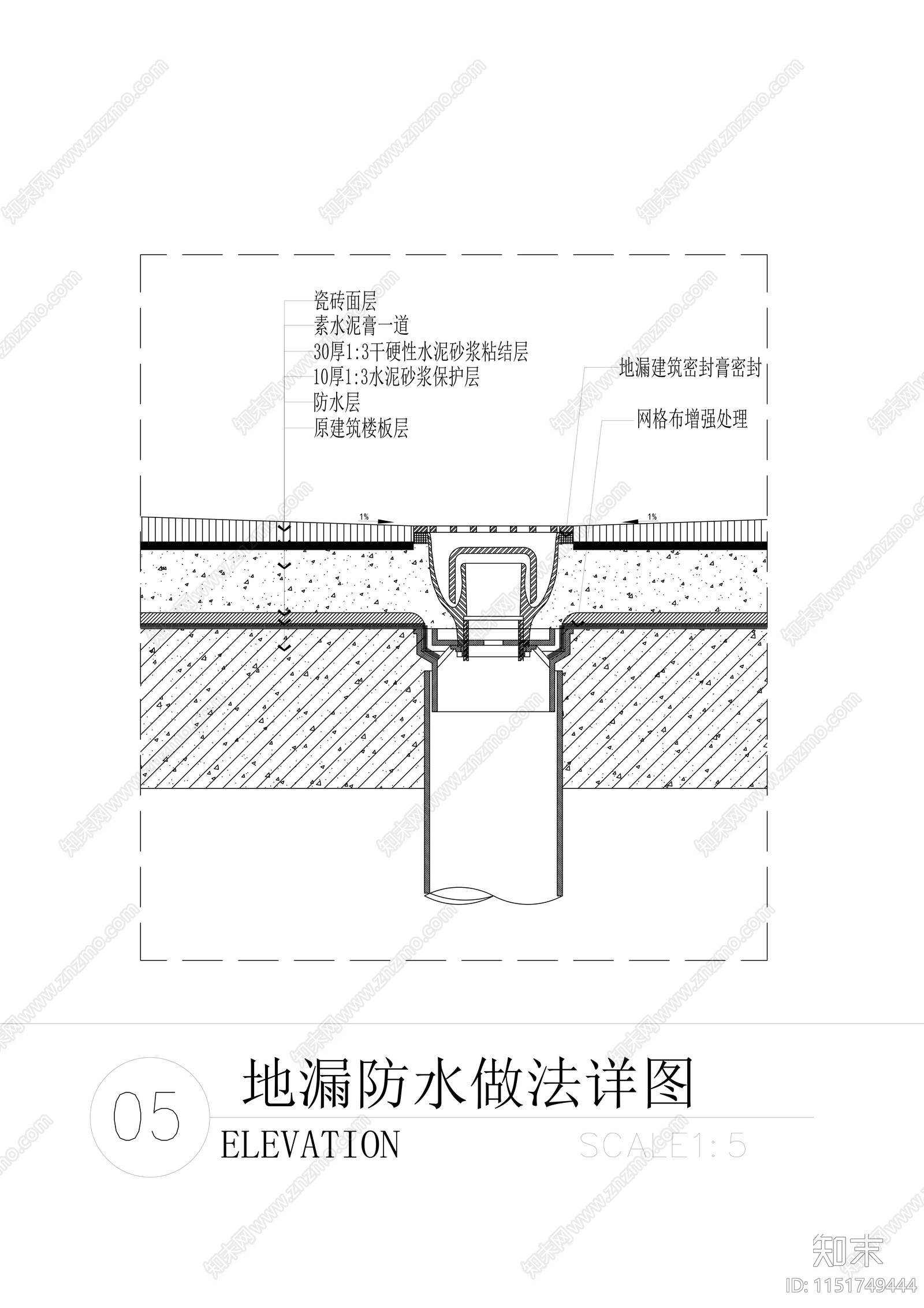 卫生间地漏和淋浴挡水做法大样图cad施工图下载【ID:1151749444】