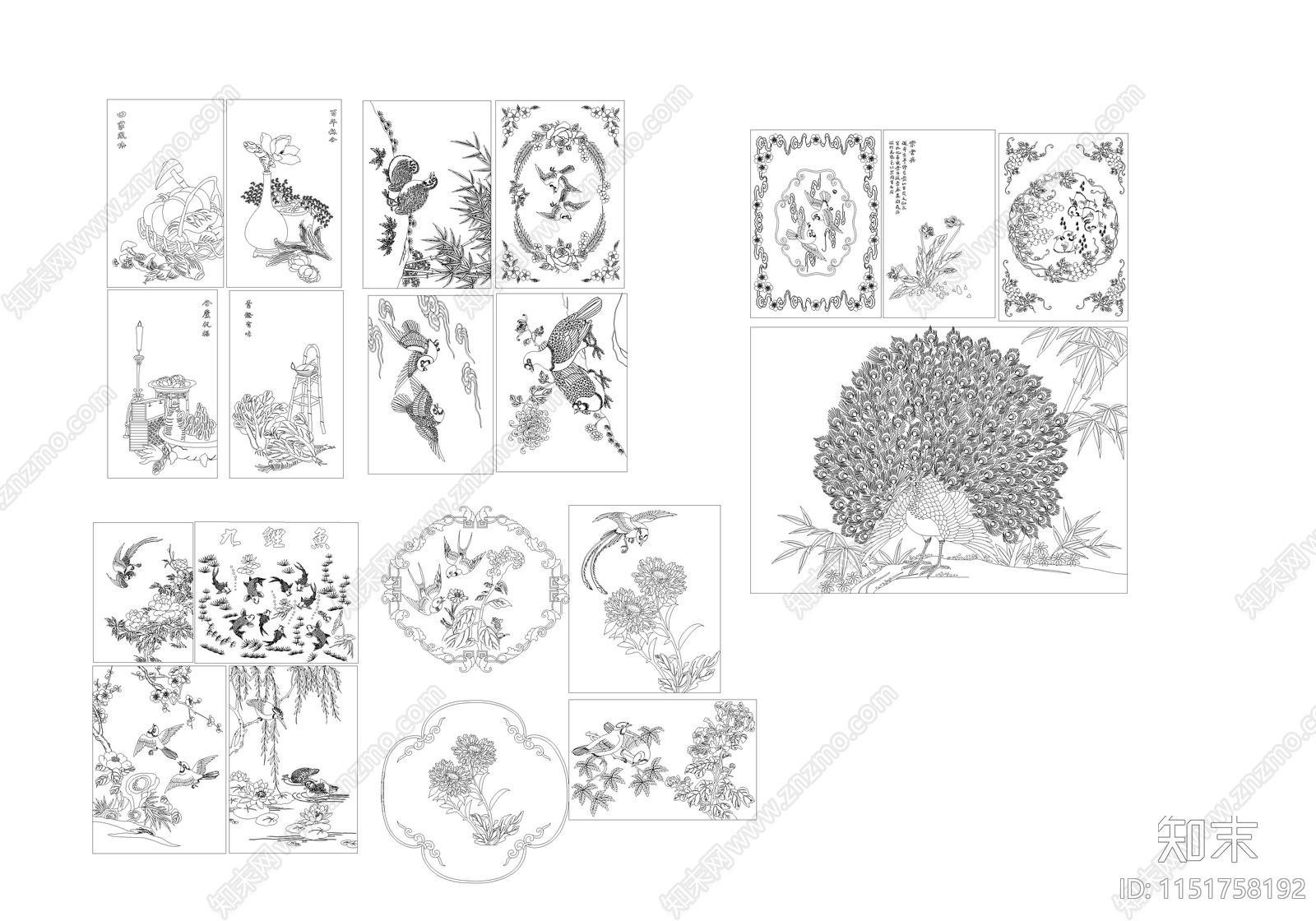 花鸟雕花雕刻装饰图案施工图下载【ID:1151758192】