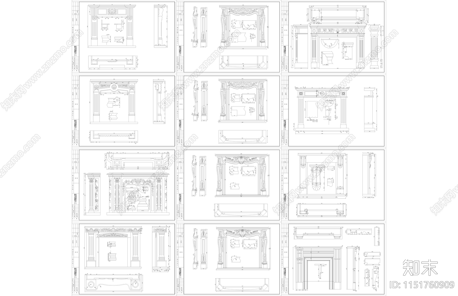 经典欧式27套壁炉平面立面剖面施工图下载【ID:1151760909】