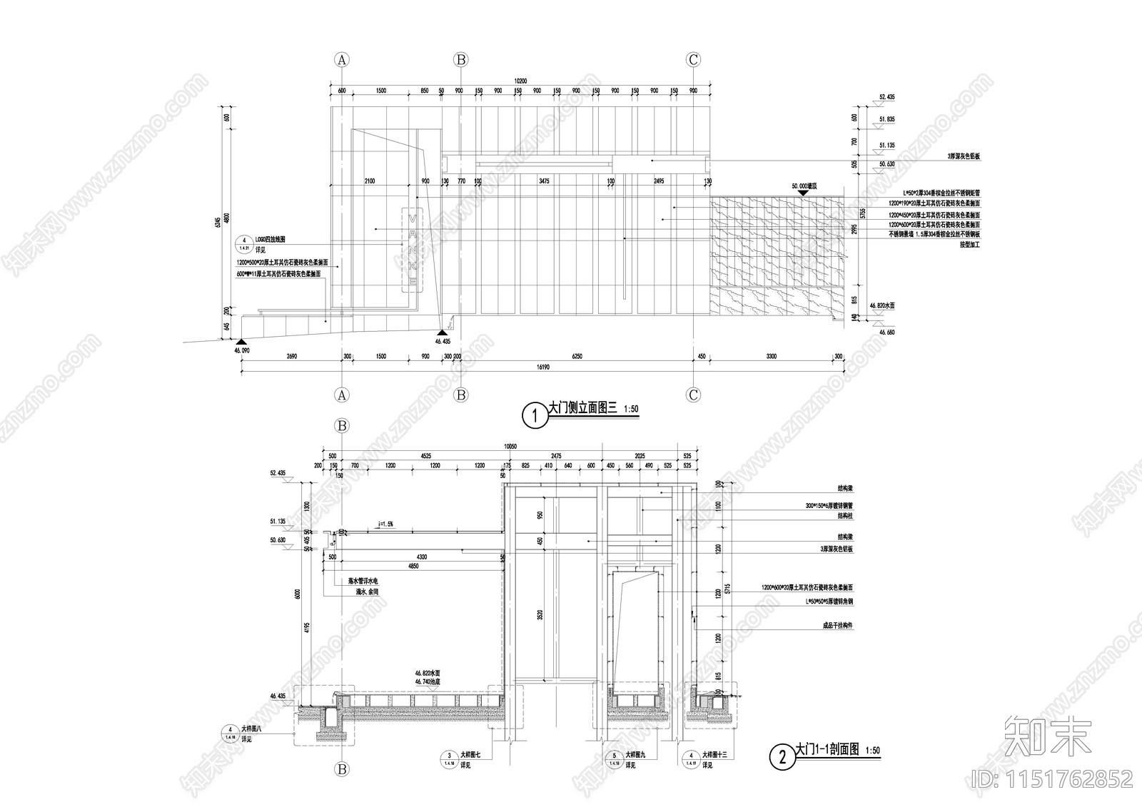 现代主入口大门cad施工图下载【ID:1151762852】