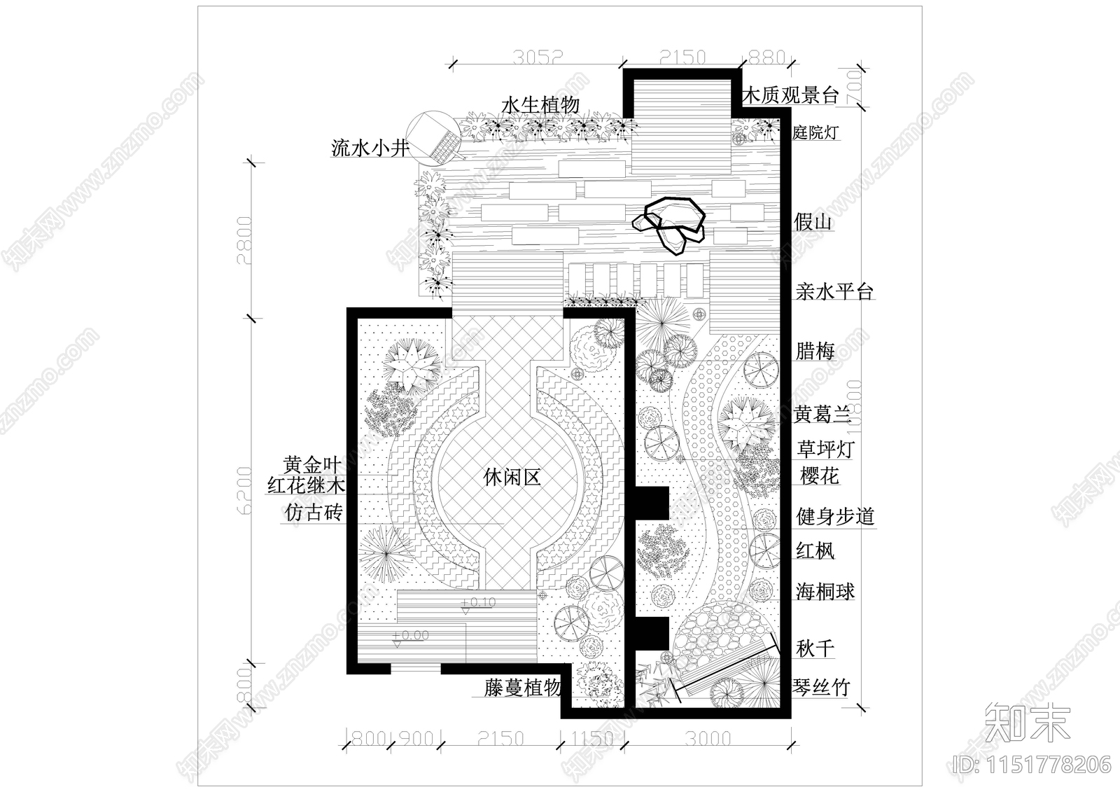 现代别墅庭院小花园景观平面图cad施工图下载【ID:1151778206】