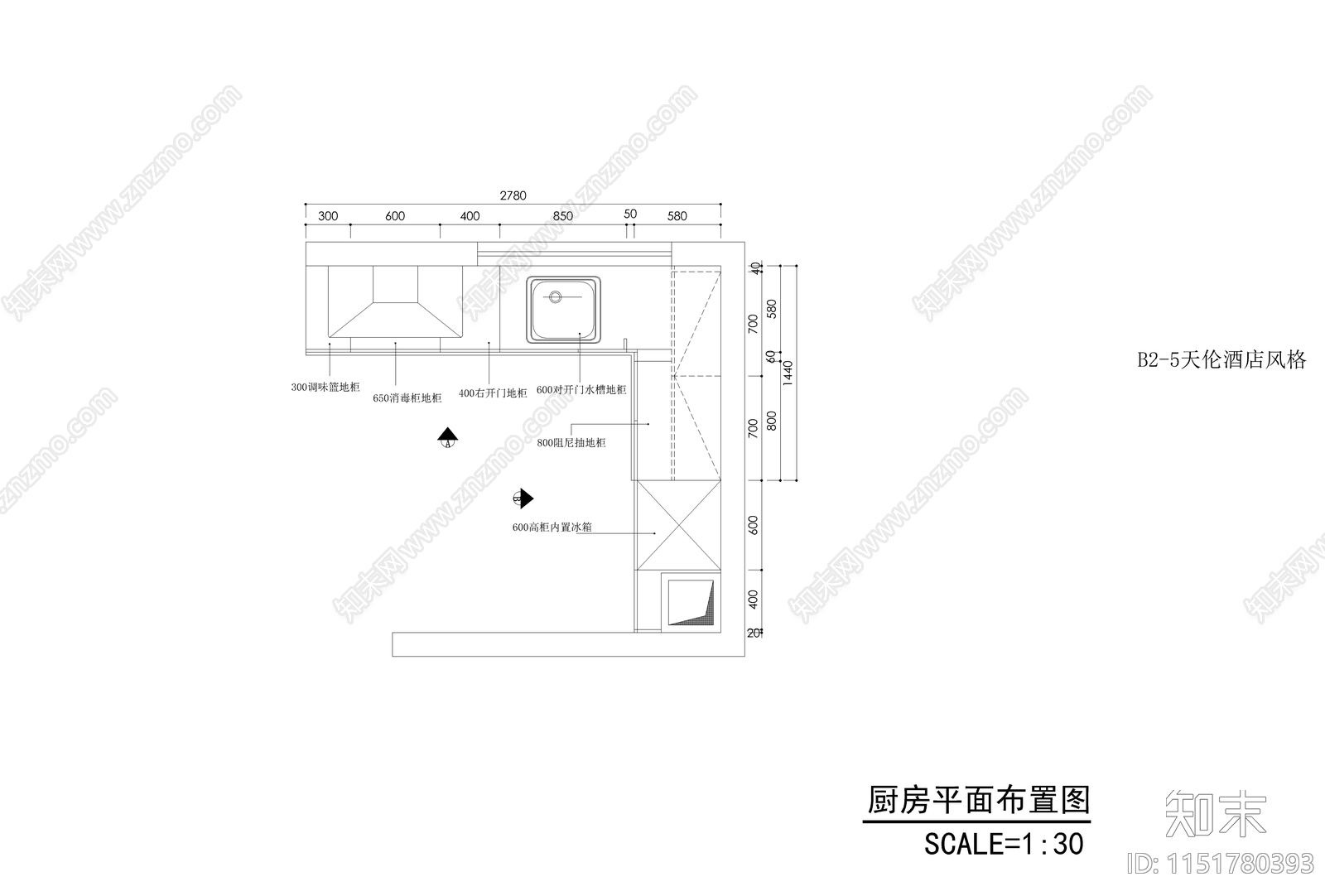 天伦酒店风格橱柜施工图下载【ID:1151780393】