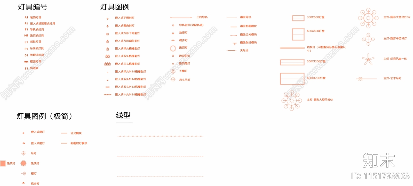 灯具动态图表及灯具图例cad施工图下载【ID:1151793963】