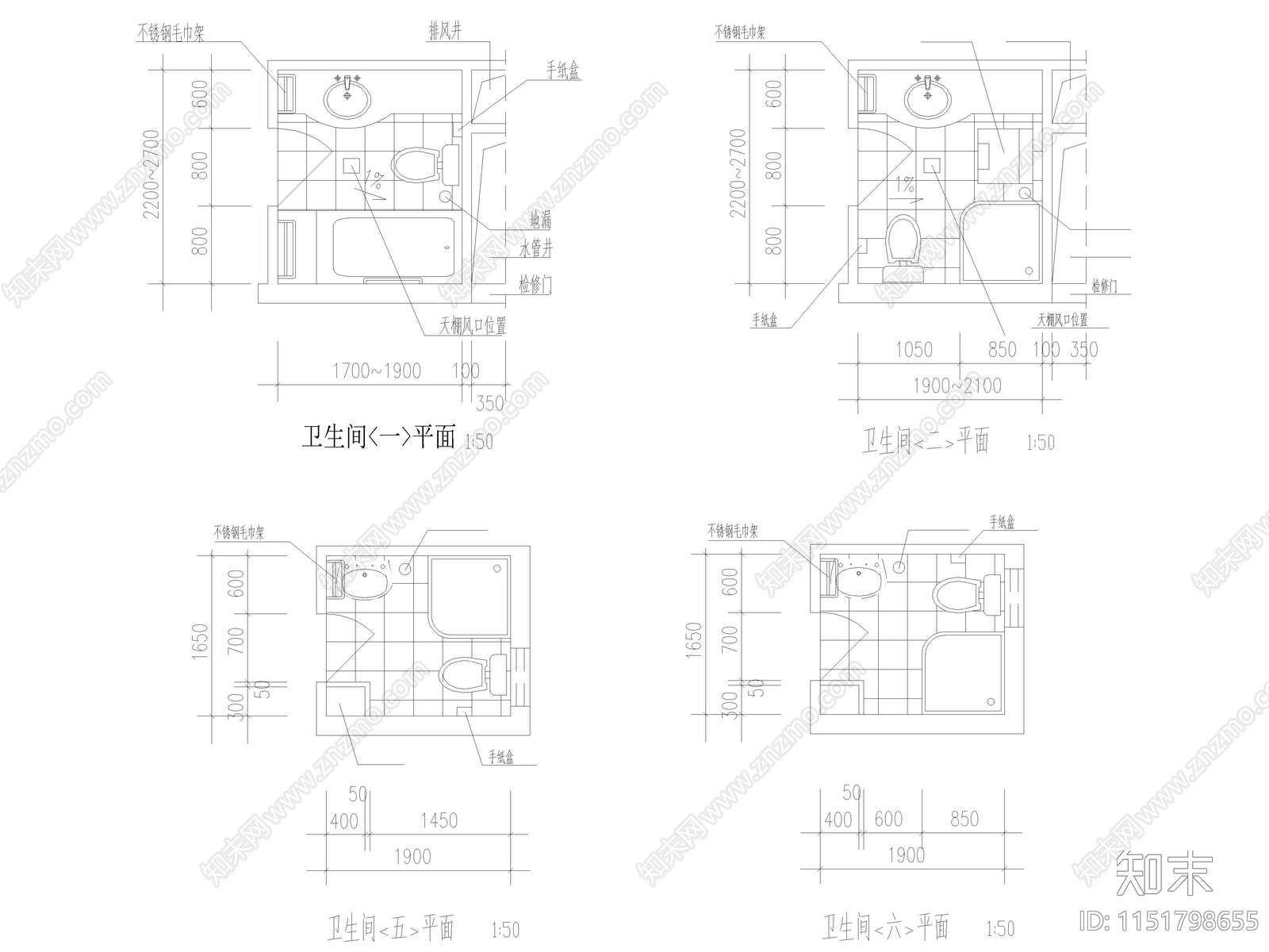 20款家装卫生间平面布局cad施工图下载【ID:1151798655】