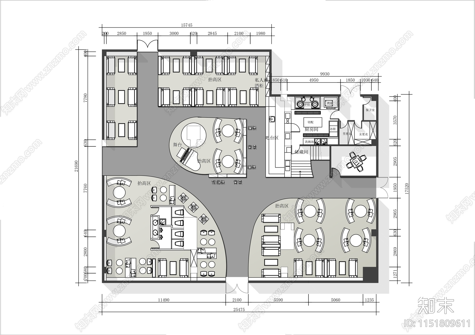 600㎡音乐咖啡馆平面施工图下载【ID:1151809611】
