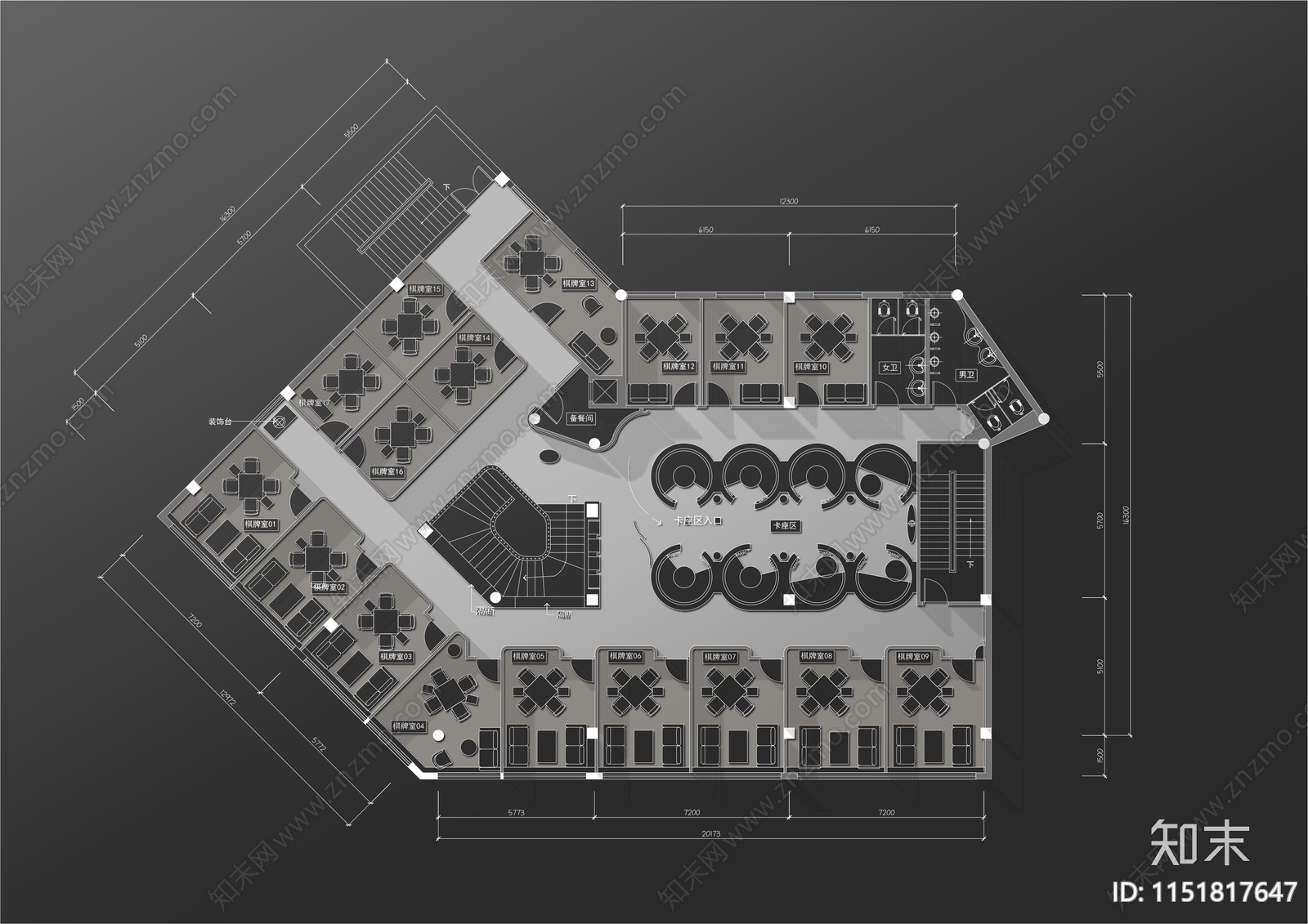 600㎡棋牌室平面布局图cad施工图下载【ID:1151817647】