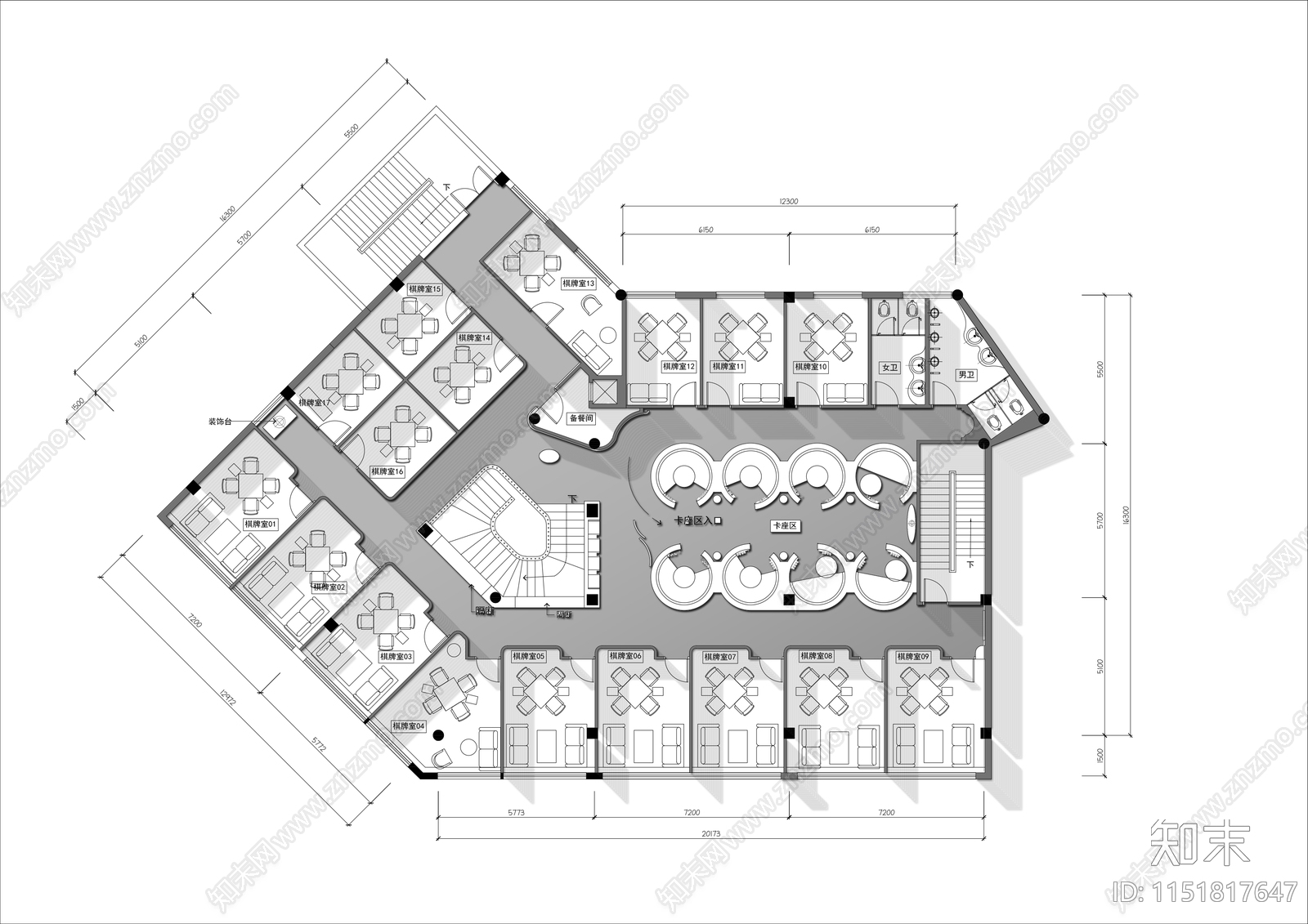 600㎡棋牌室平面布局图cad施工图下载【ID:1151817647】