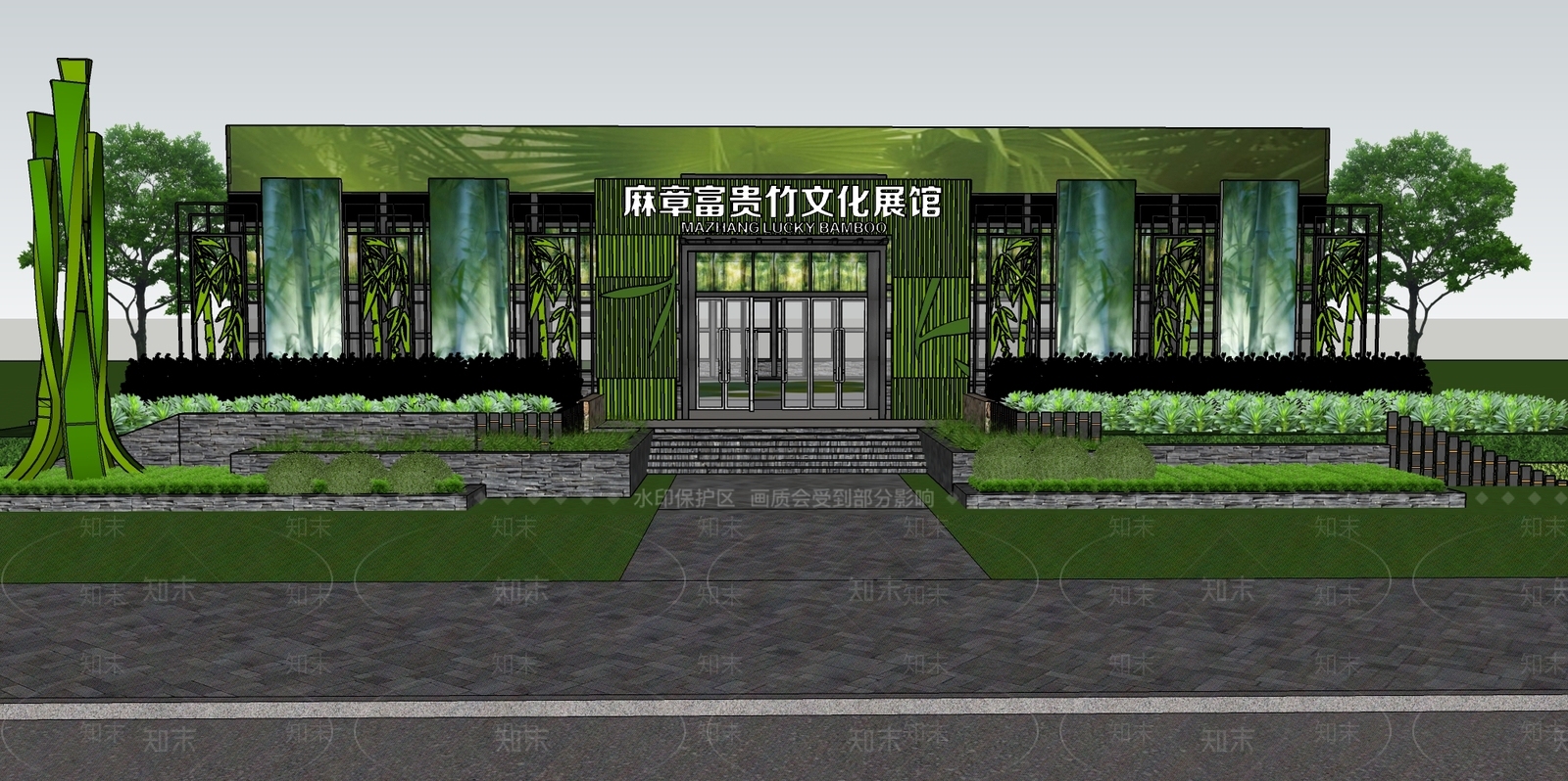 现代富贵竹文化展览馆建筑SU模型下载【ID:1151830818】