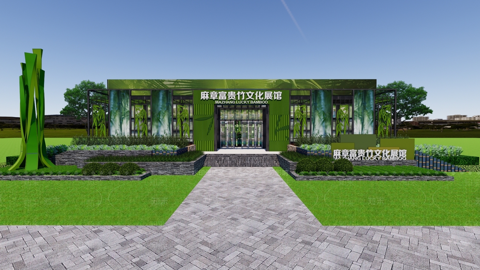 现代富贵竹文化展览馆建筑SU模型下载【ID:1151830818】