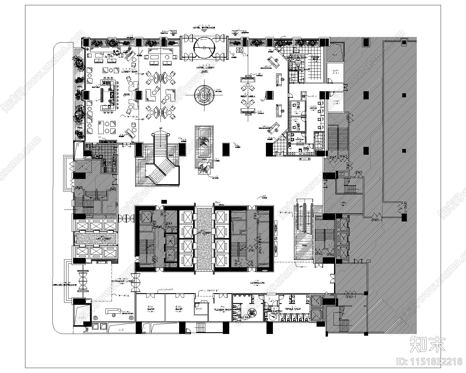 酒店大堂平面图库cad施工图下载【ID:1151832218】