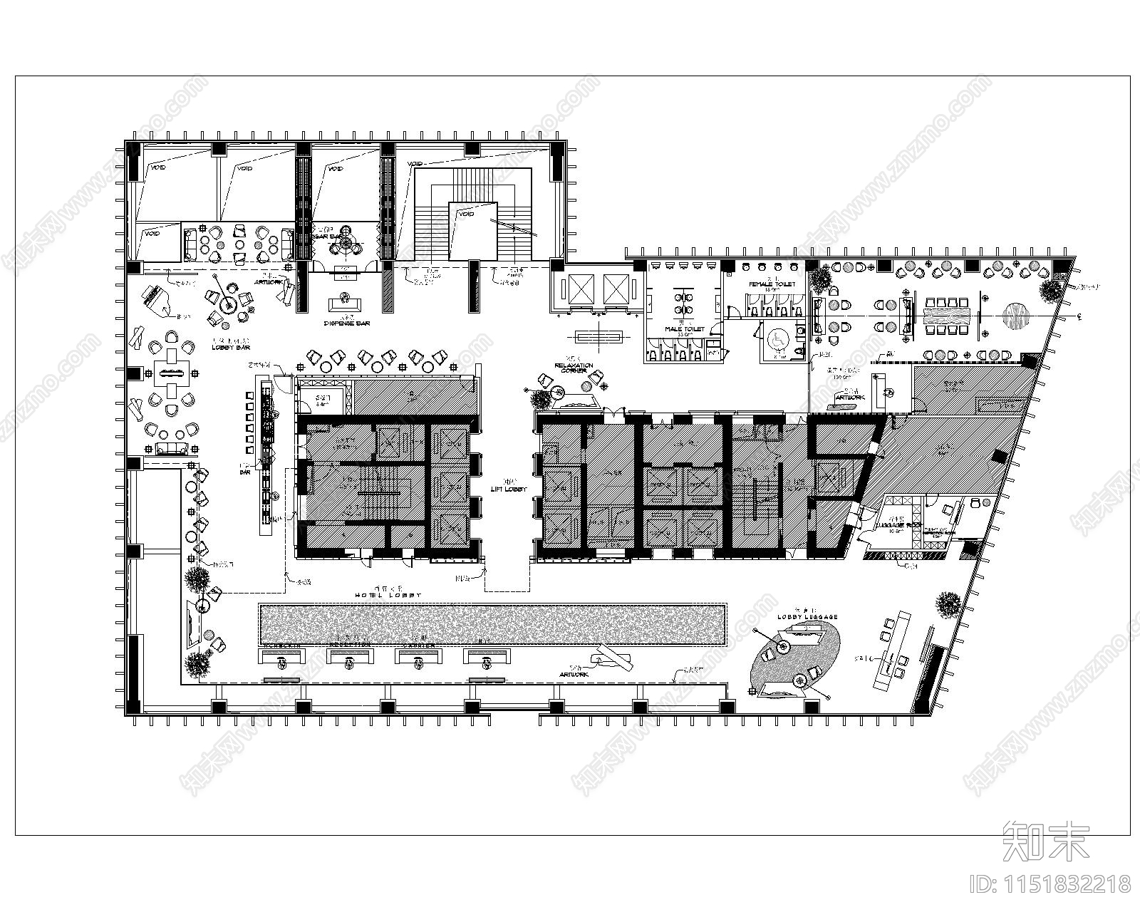 酒店大堂平面图库cad施工图下载【ID:1151832218】