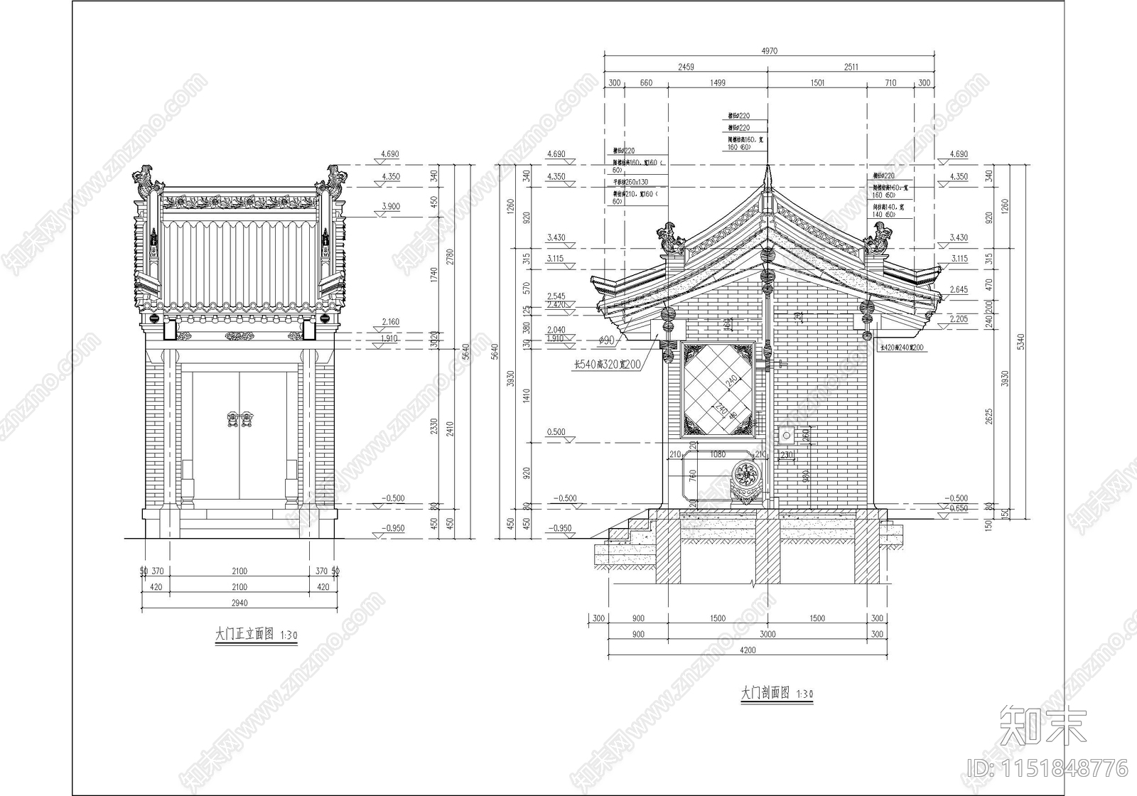 古城历史四合院院落cad施工图下载【ID:1151848776】