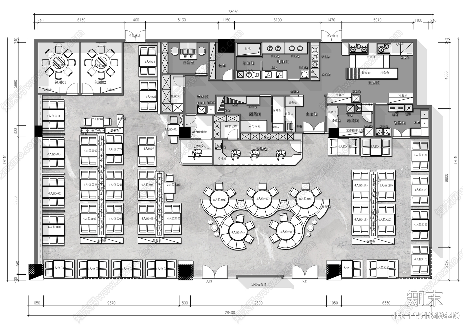 500㎡创意餐厅平面布局方案施工图下载【ID:1151849440】