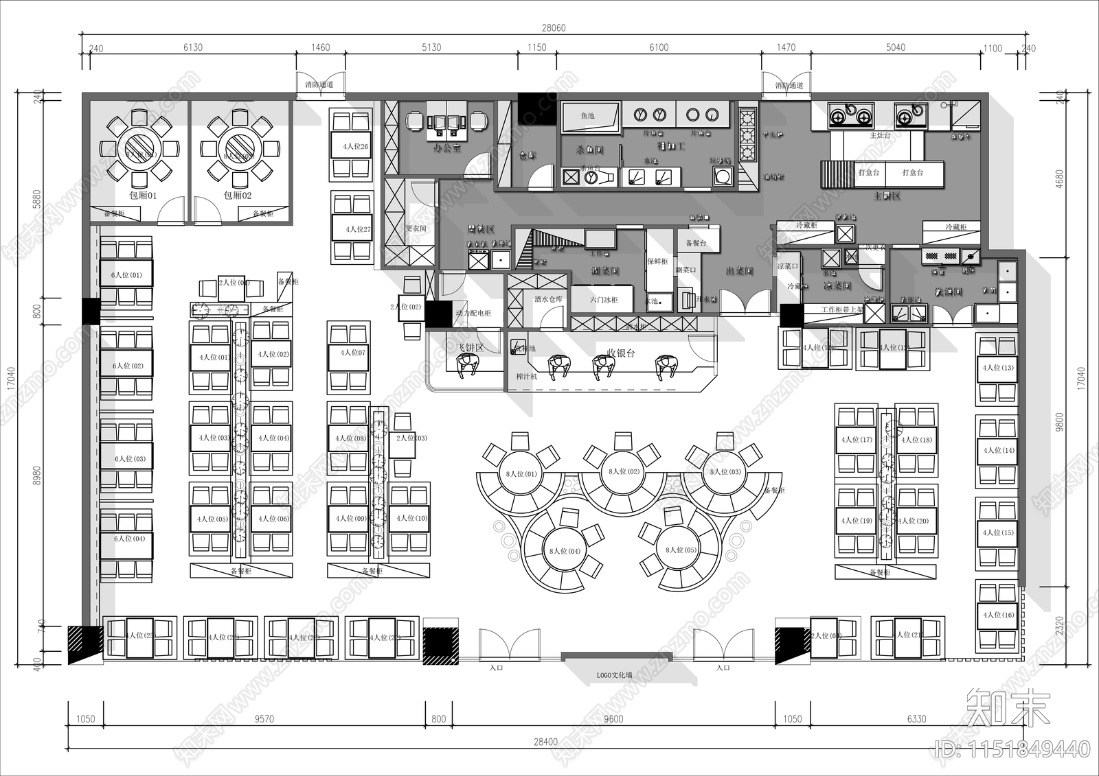 500㎡创意餐厅平面布局方案施工图下载【ID:1151849440】