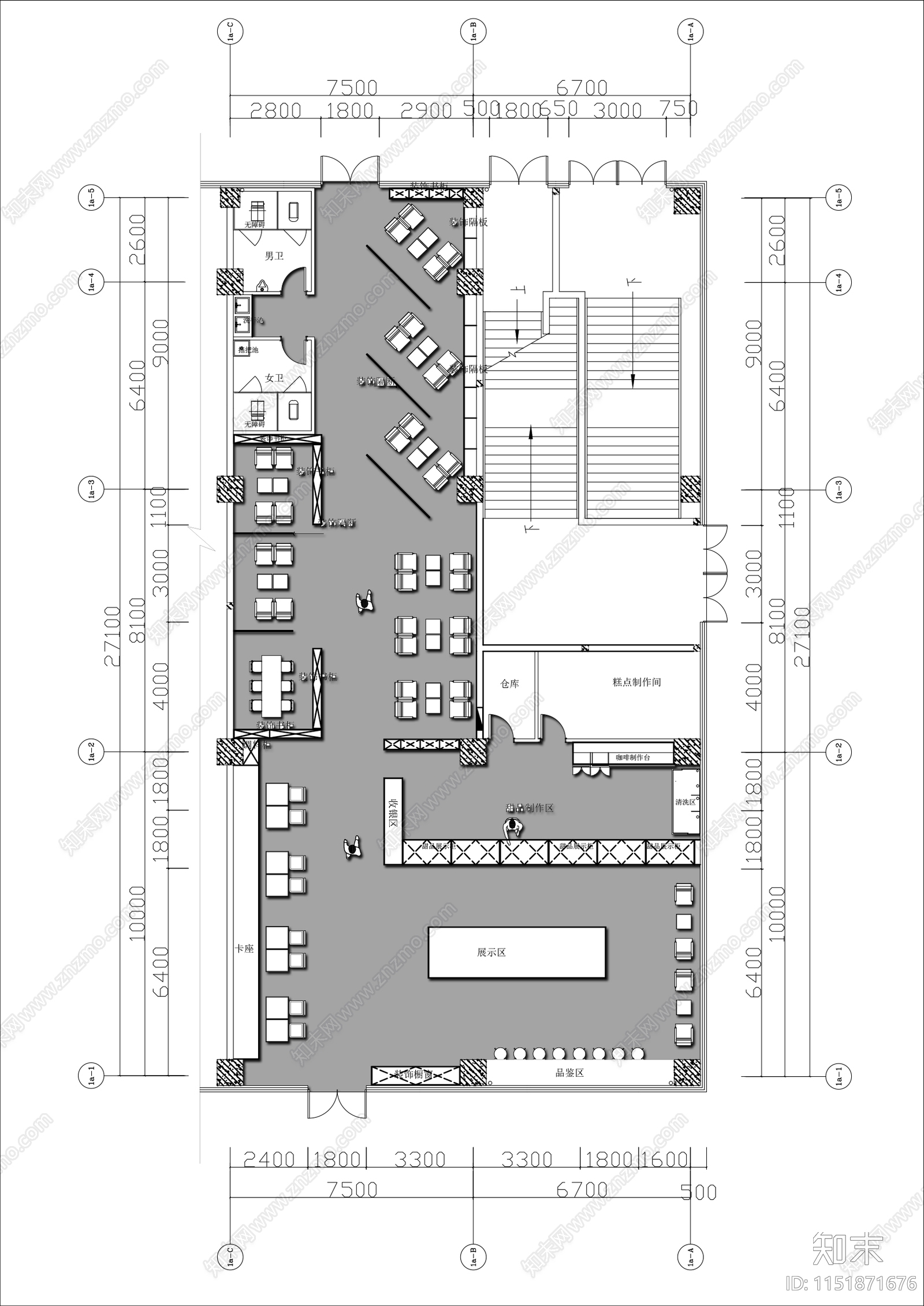 300㎡甜品咖啡店平面施工图下载【ID:1151871676】