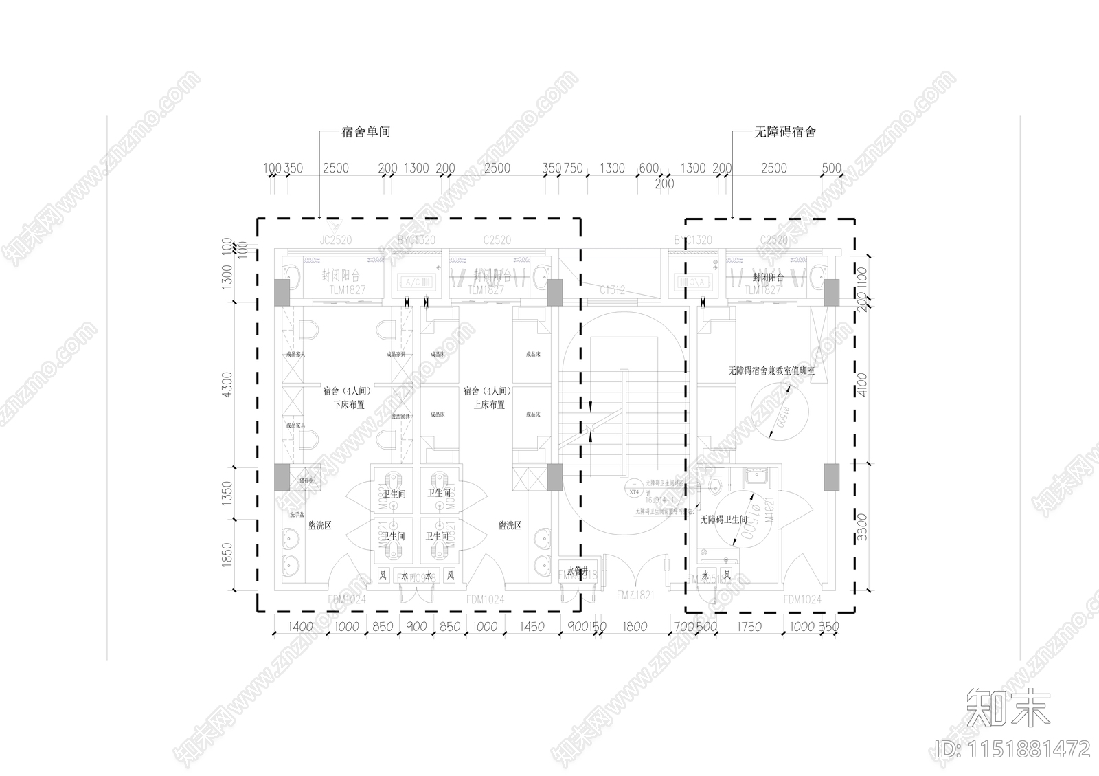 宿舍室内cad施工图下载【ID:1151881472】