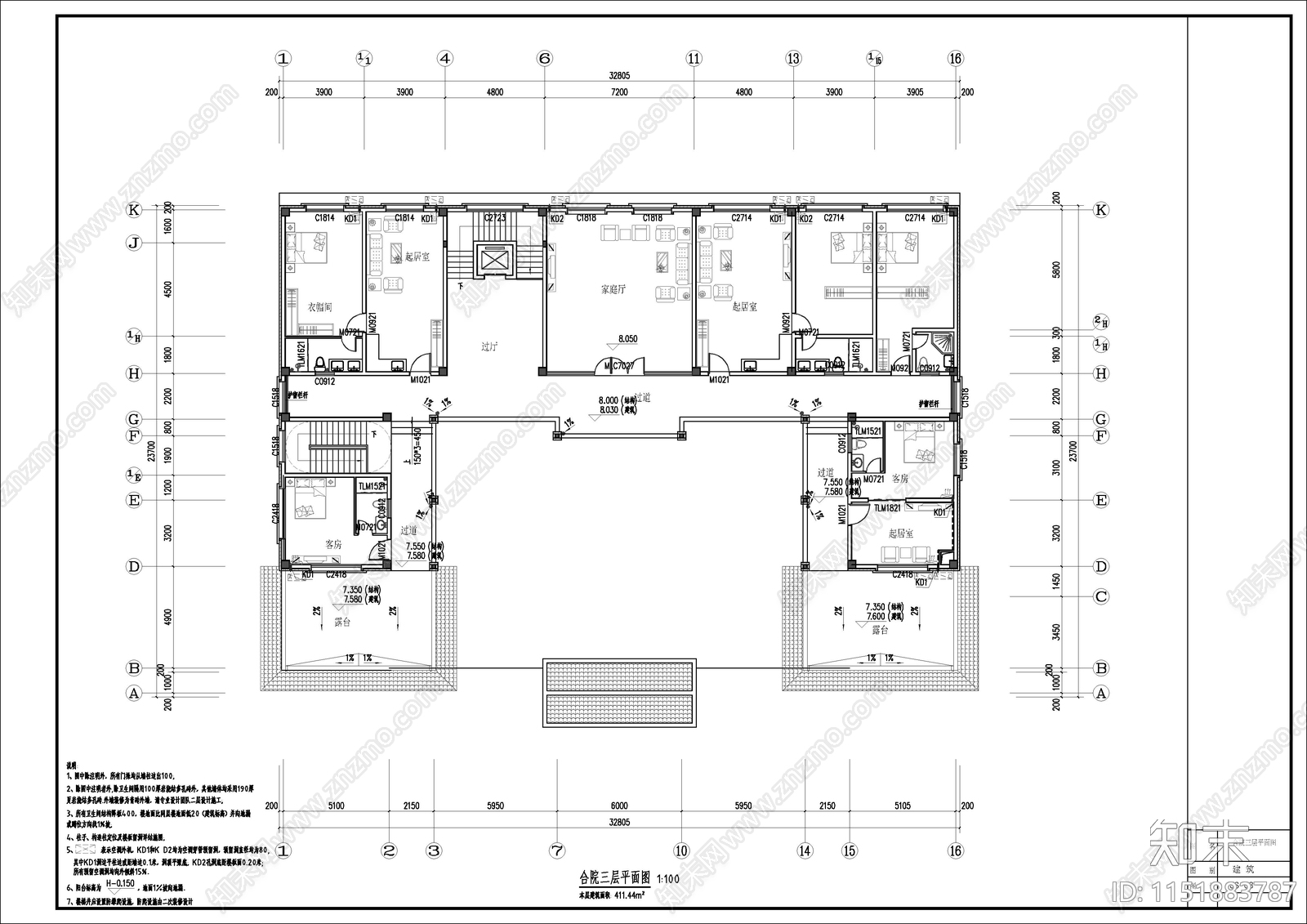 三层中式复古四合院建筑cad施工图下载【ID:1151883787】