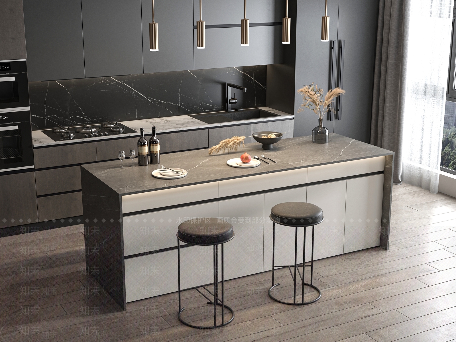 现代吧台吧椅组合3D模型下载【ID:1151886794】