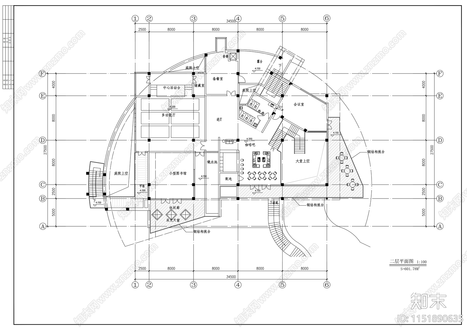 别墅二层会所建筑cad施工图下载【ID:1151890635】