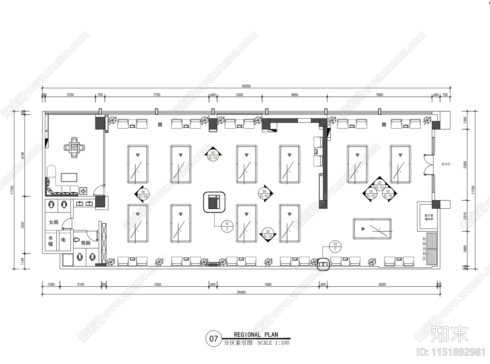 自助台球厅室内cad施工图下载【ID:1151892981】