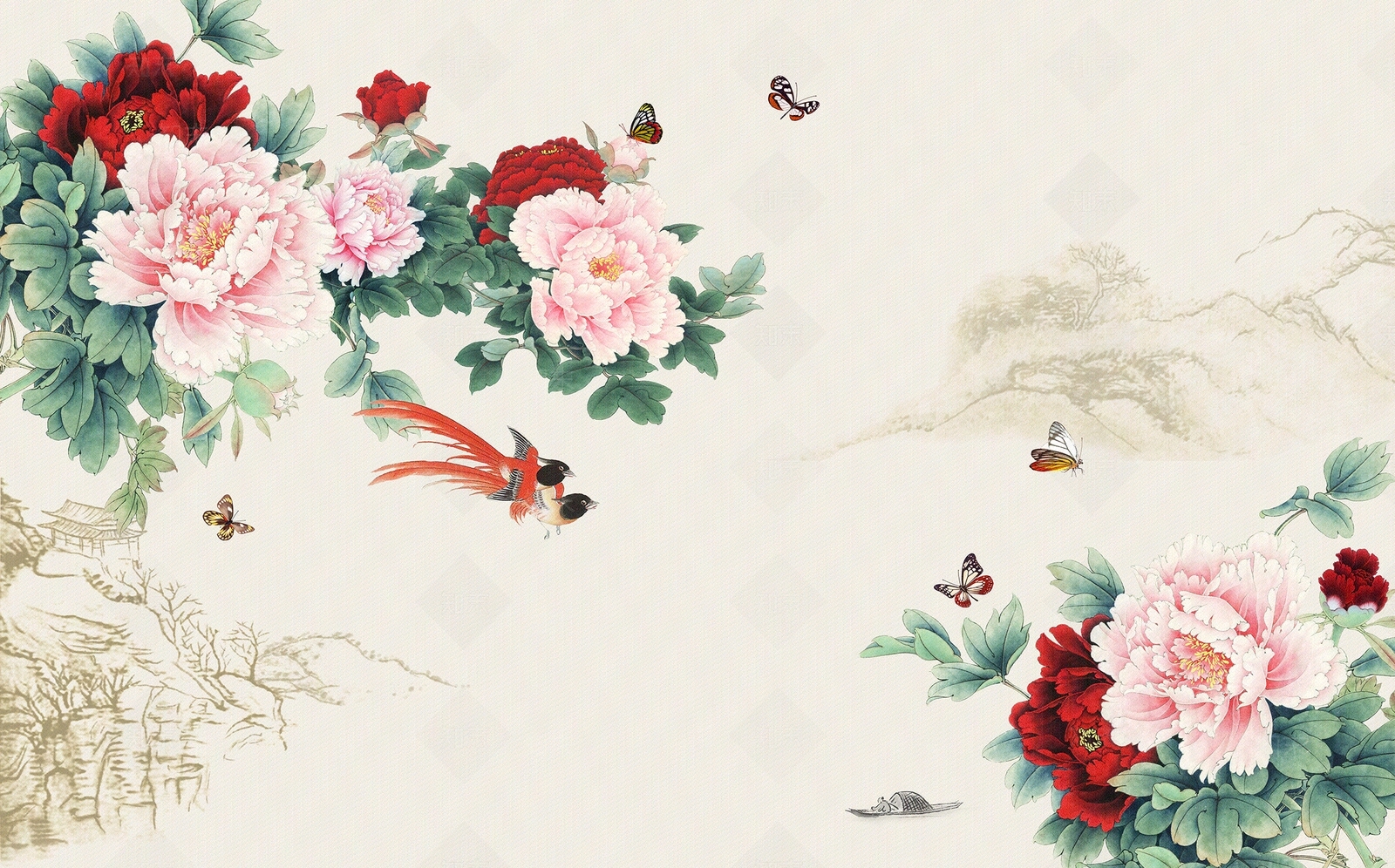 中式牡丹花鸟壁纸贴图下载【ID:1151892465】