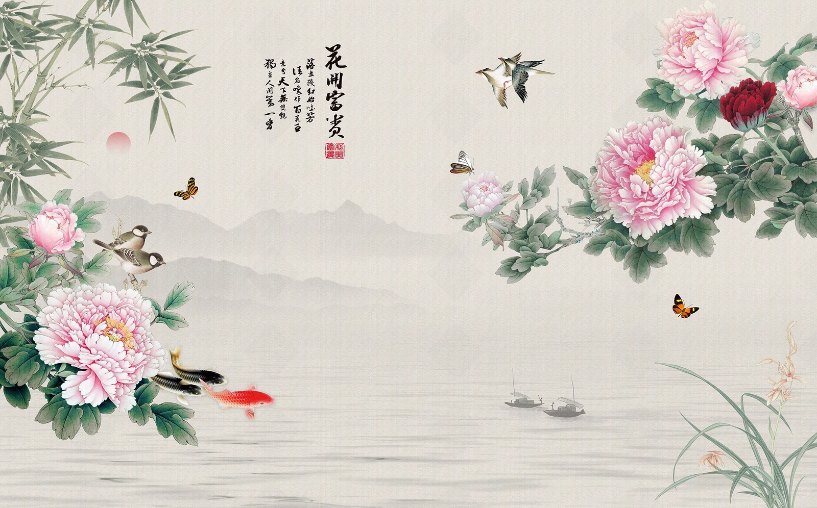中式牡丹花鸟壁纸贴图下载【ID:1151892488】