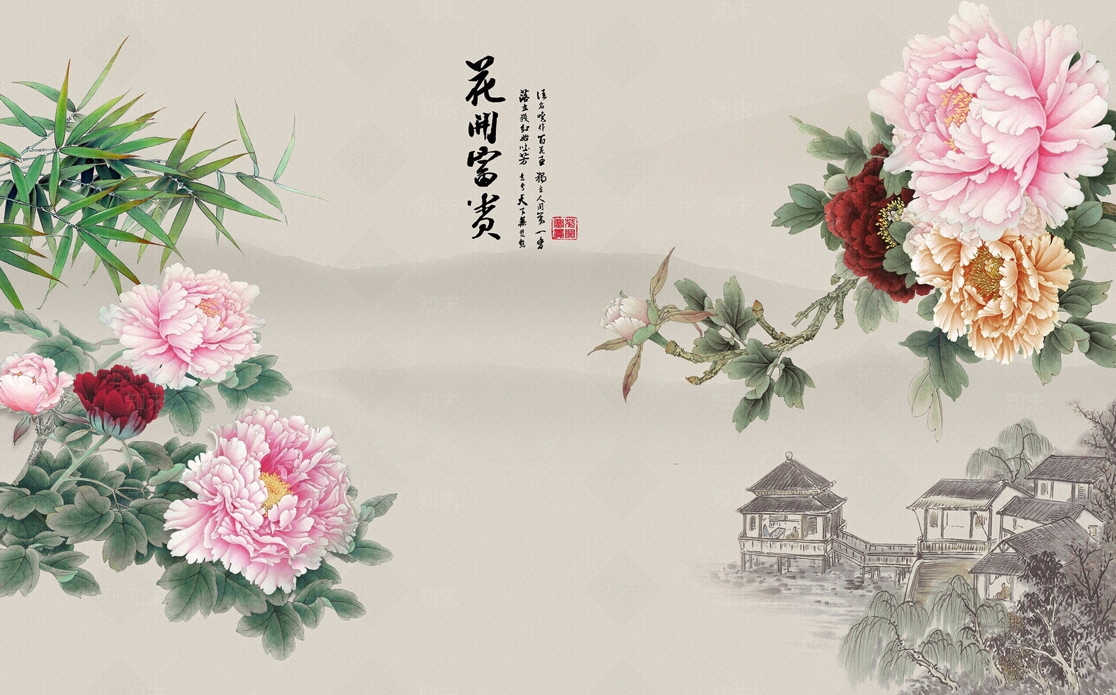 中式牡丹花鸟壁纸贴图下载【ID:1151892499】