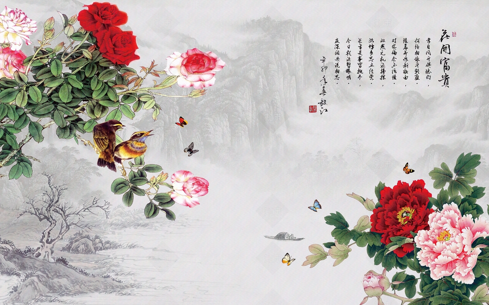 中式牡丹花鸟壁纸贴图下载【ID:1151892512】