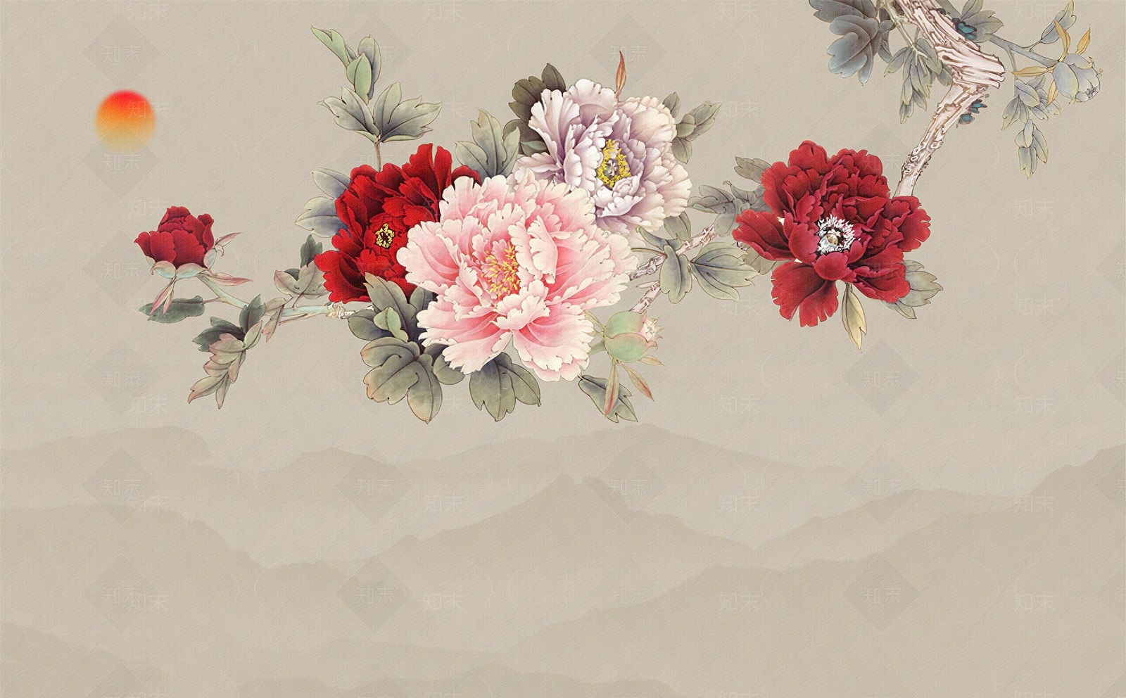 中式牡丹花鸟壁纸贴图下载【ID:1151892588】