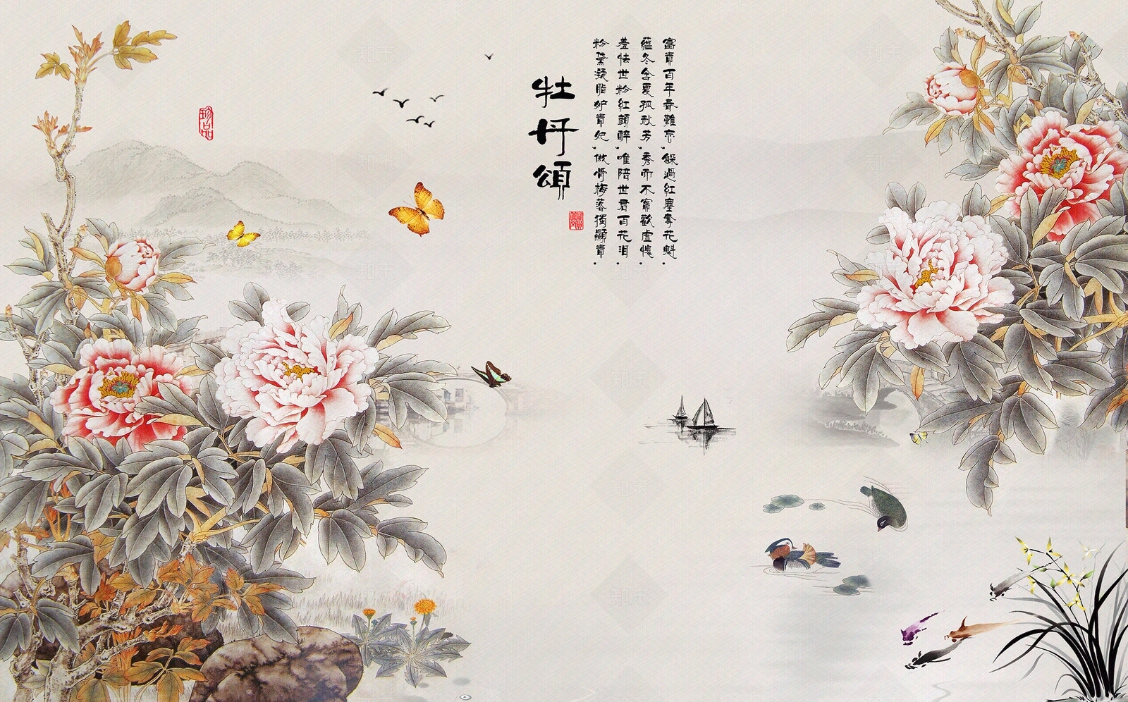 中式牡丹花鸟壁纸贴图下载【ID:1151892651】
