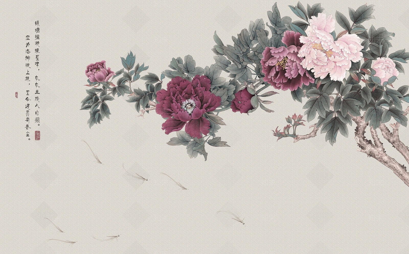 中式牡丹花鸟壁纸贴图下载【ID:1151892694】