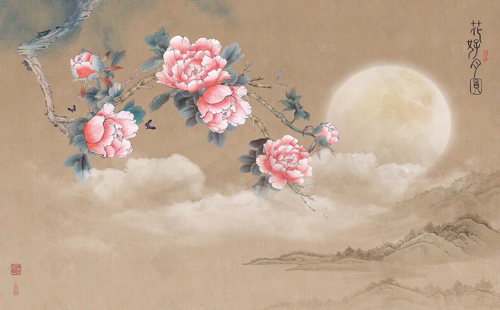 中式牡丹花鸟壁纸贴图下载【ID:1151892711】