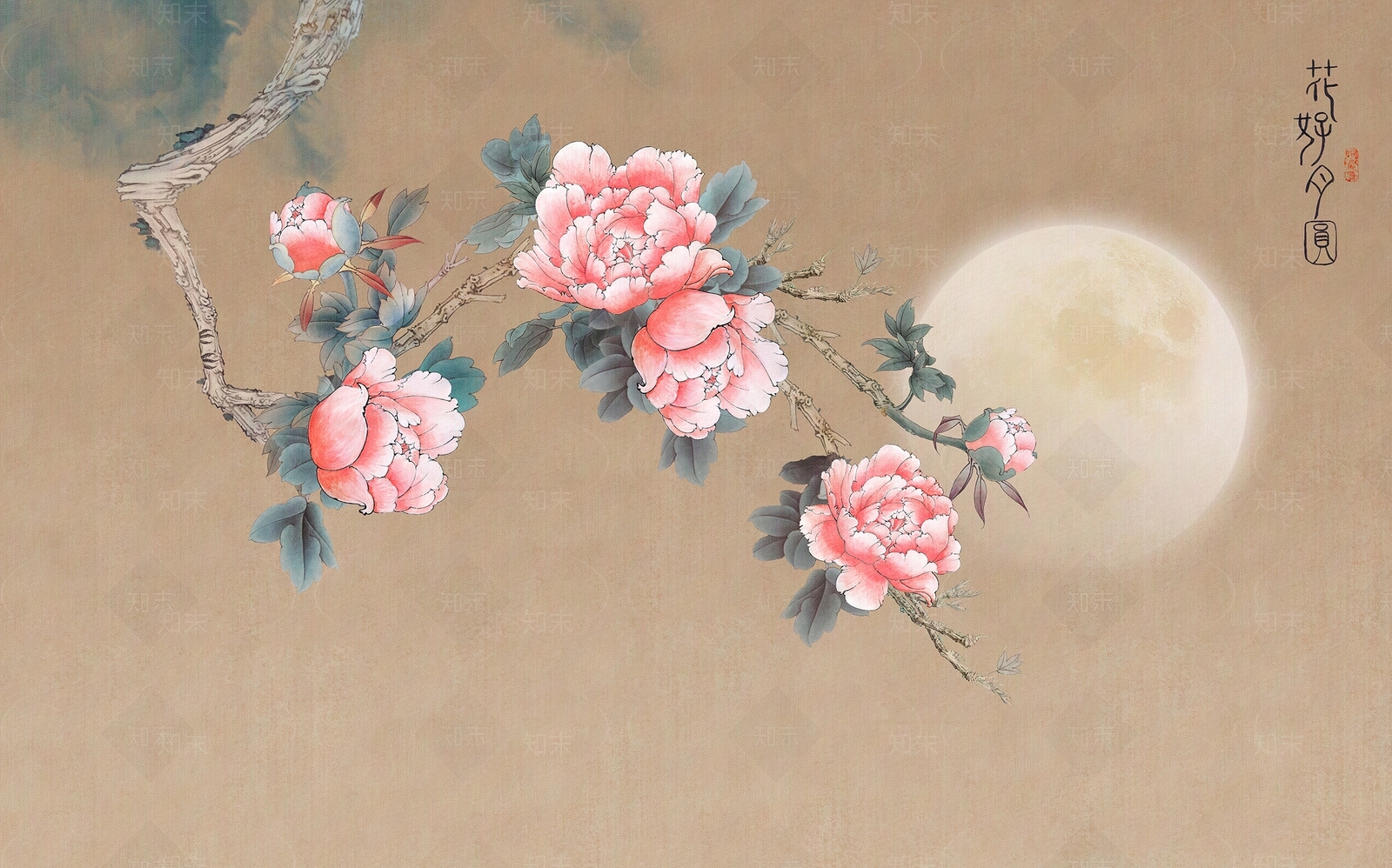 中式牡丹花鸟壁纸贴图下载【ID:1151892715】