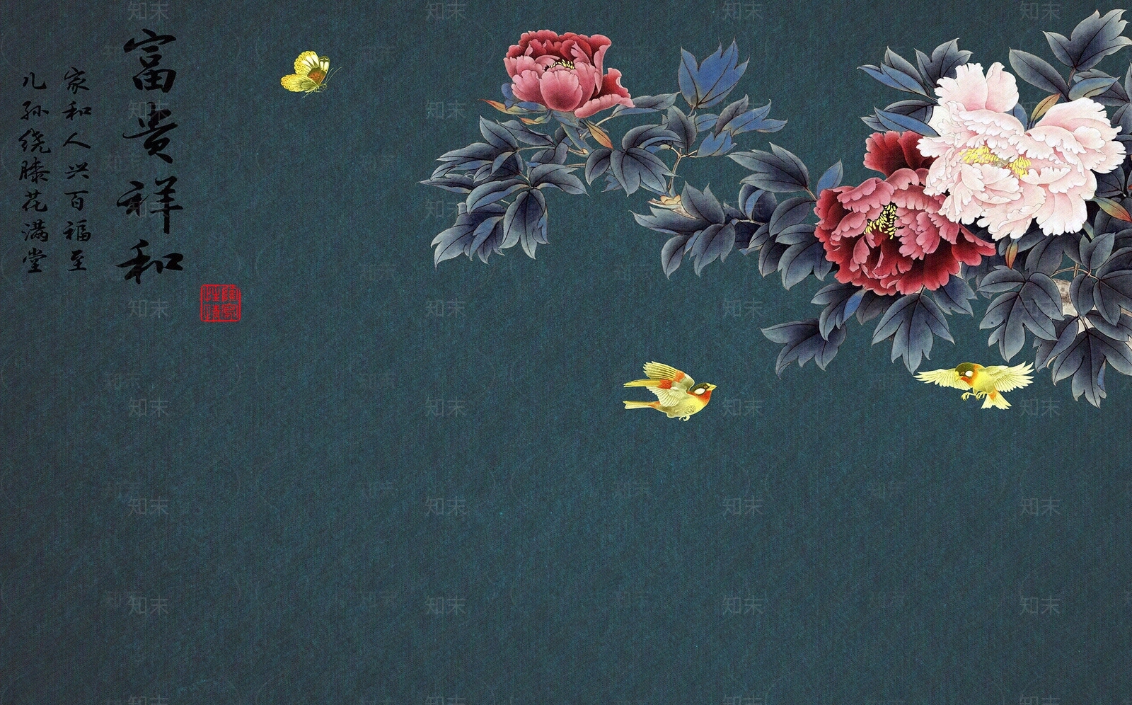 中式牡丹花鸟壁纸贴图下载【ID:1151893152】