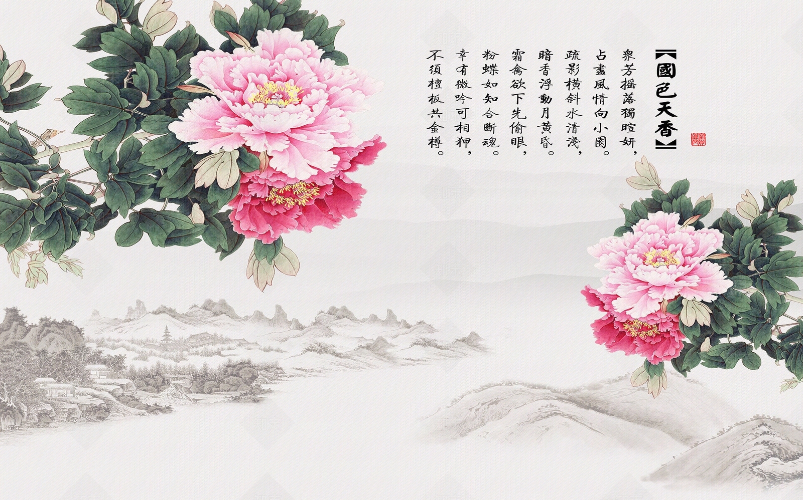 中式牡丹花鸟壁纸贴图下载【ID:1151893113】