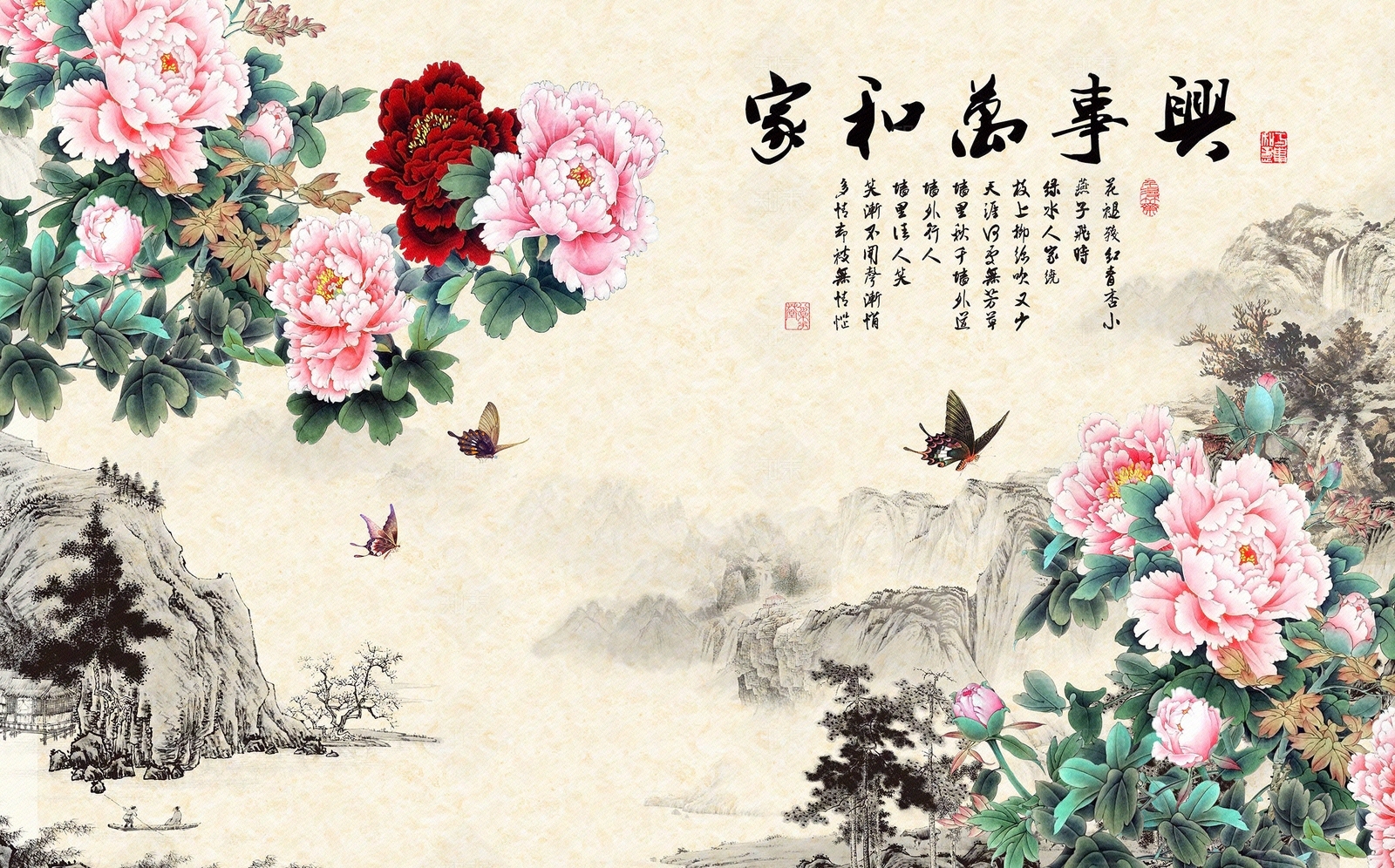 中式牡丹花鸟壁纸贴图下载【ID:1151893116】