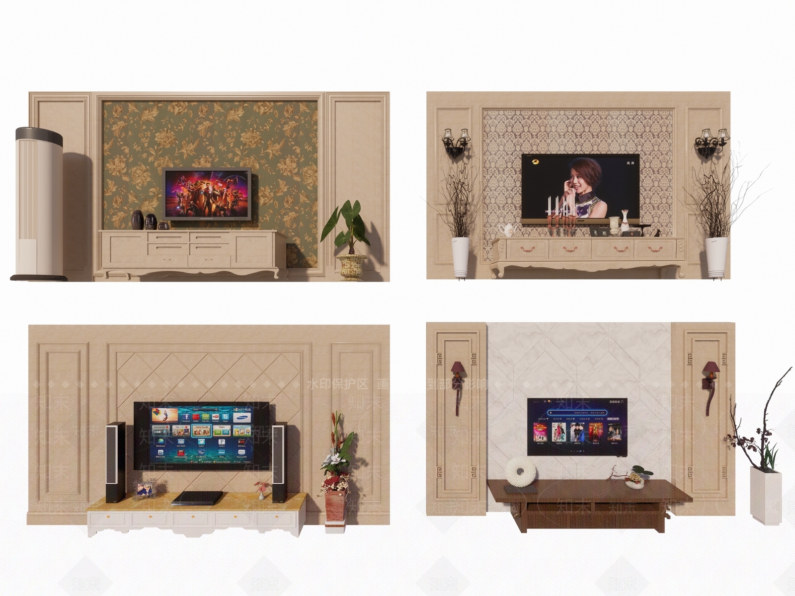 欧式电视墙SU模型下载【ID:1151901380】