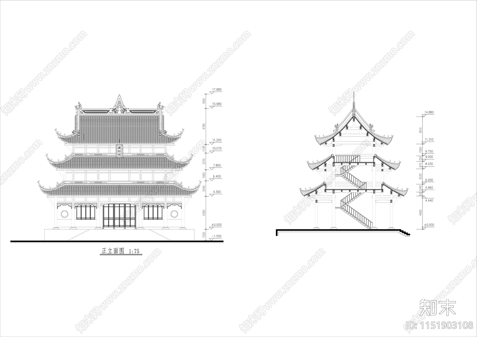 寺院建筑cad施工图下载【ID:1151903108】