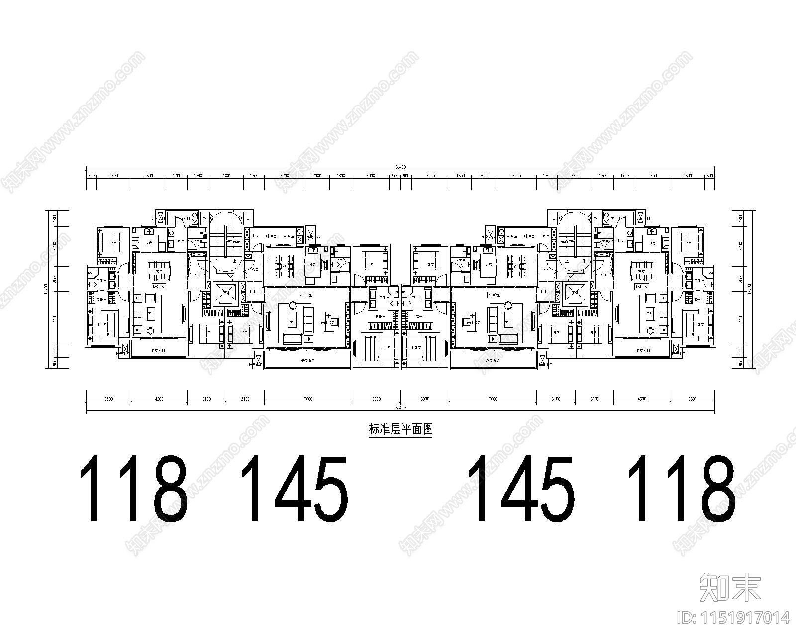 洋房各层平面图施工图下载【ID:1151917014】