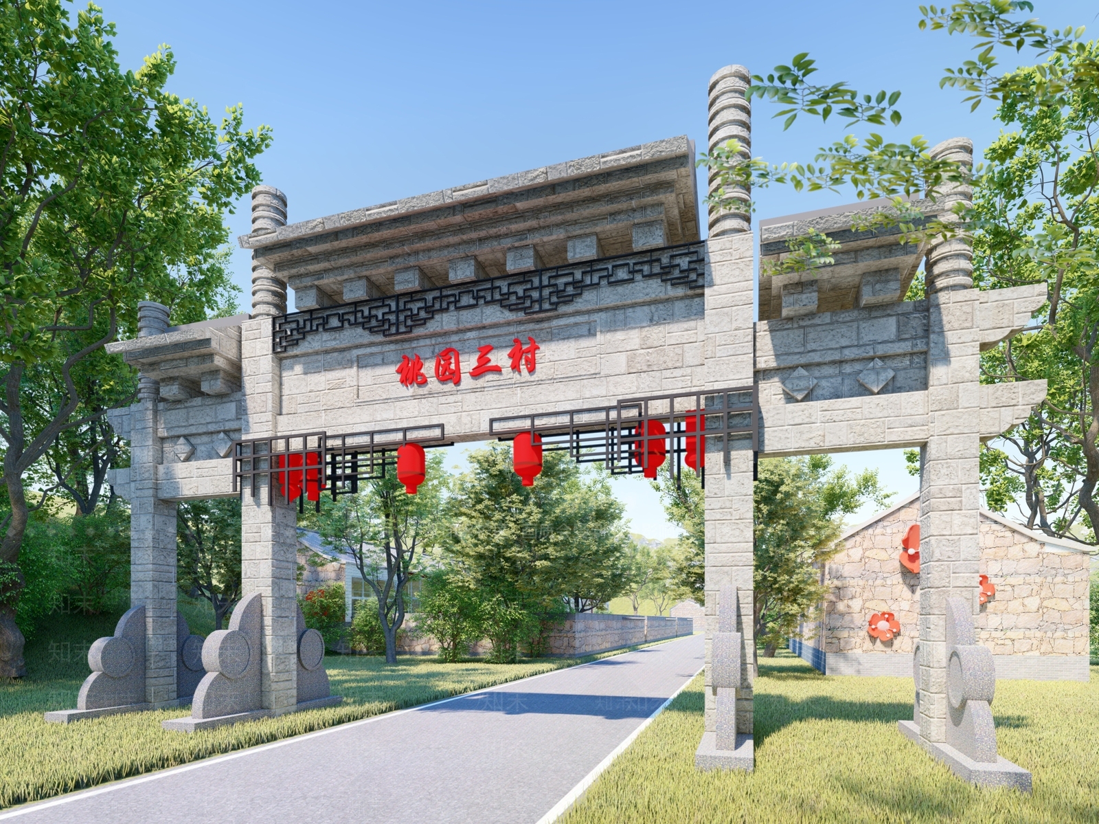 中式村庄入口标识牌坊SU模型下载【ID:1151921304】