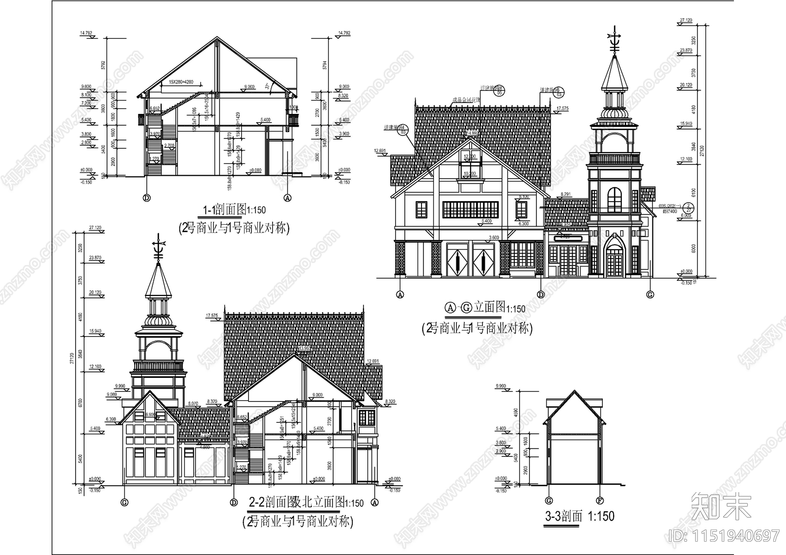 英式风格商业街建筑cad施工图下载【ID:1151940697】