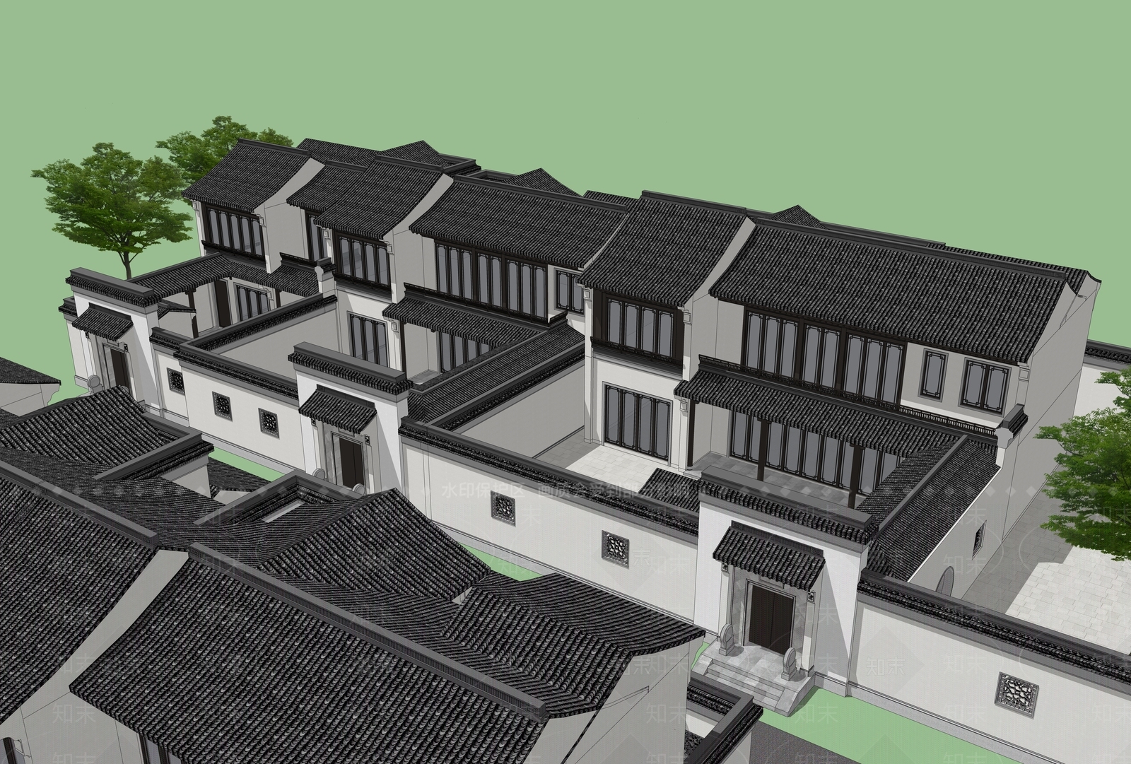 绿城安吉桃花源中式双拼别墅SU模型下载【ID:1151941829】