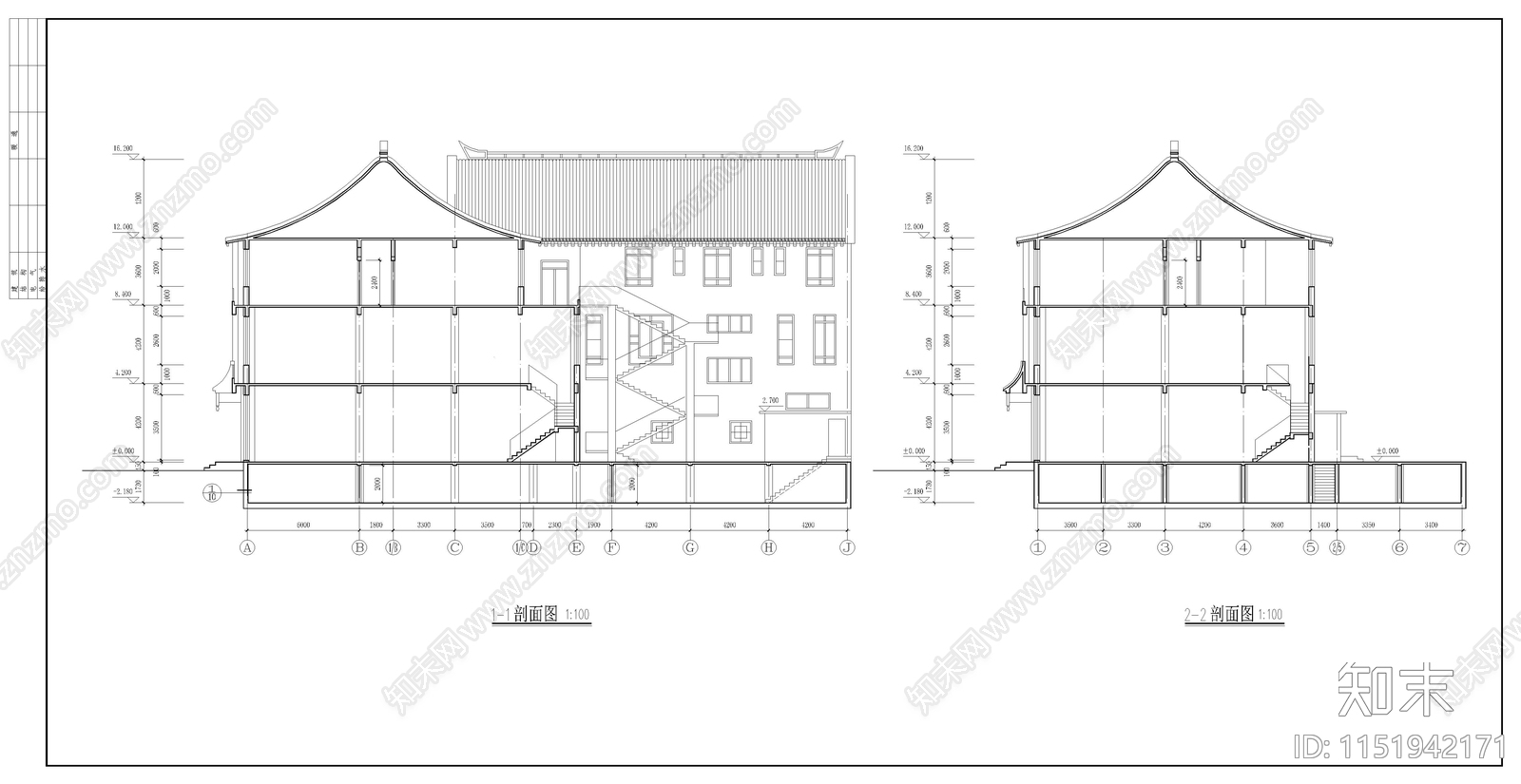 仿古清式三层沿街商铺建筑cad施工图下载【ID:1151942171】