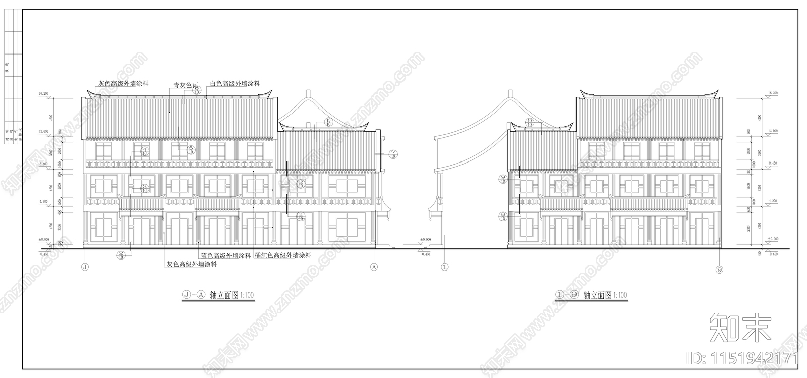 仿古清式三层沿街商铺建筑cad施工图下载【ID:1151942171】