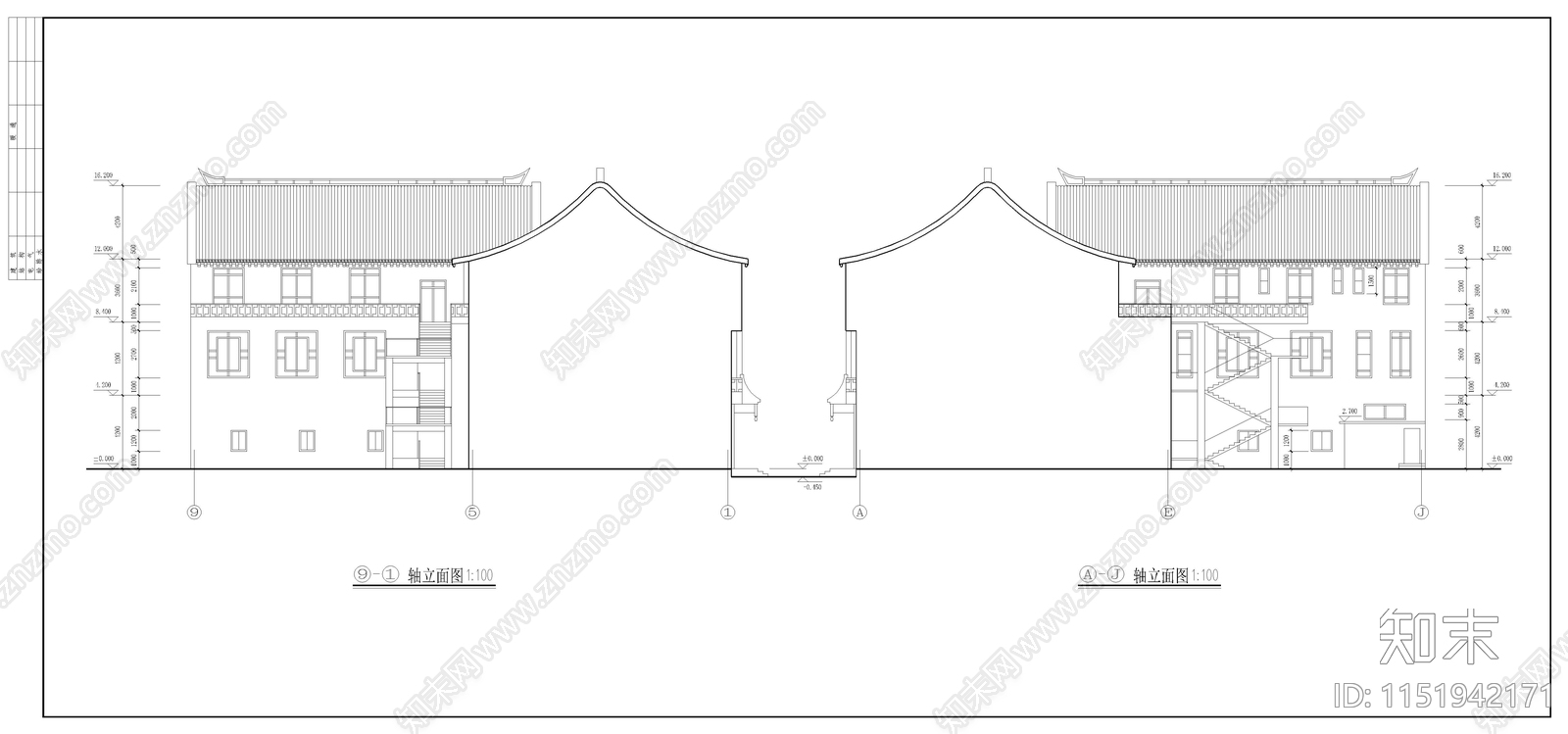 仿古清式三层沿街商铺建筑cad施工图下载【ID:1151942171】